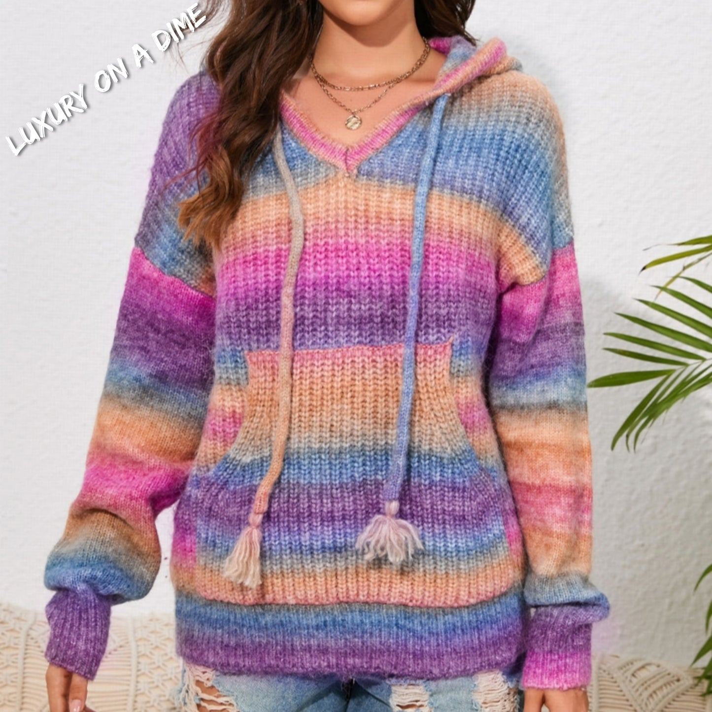 Bright Wool Blend Knit Colorful Stripe Hoodie Kangaroo Pocket Sweater Shirt