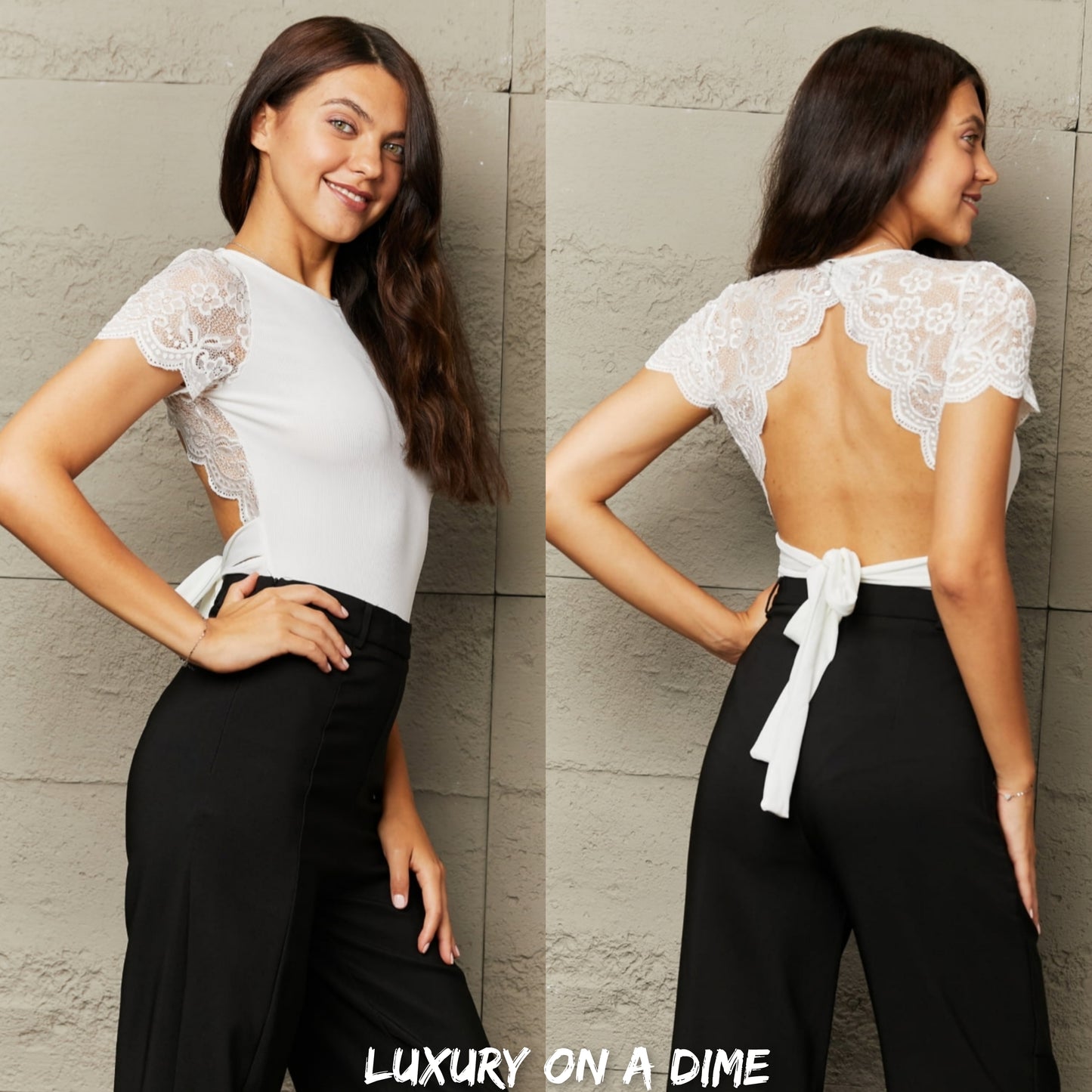 Short Sleeve Lace Shoulder Tied Waist Open Back One-piece Bodysuit