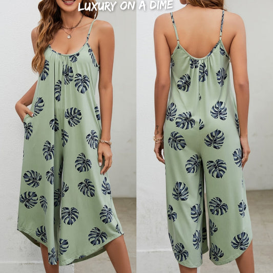 Botanical Palm Sleeveless Bohemian Capri Wide Leg Oversized Pant Pocket Jumpsuit