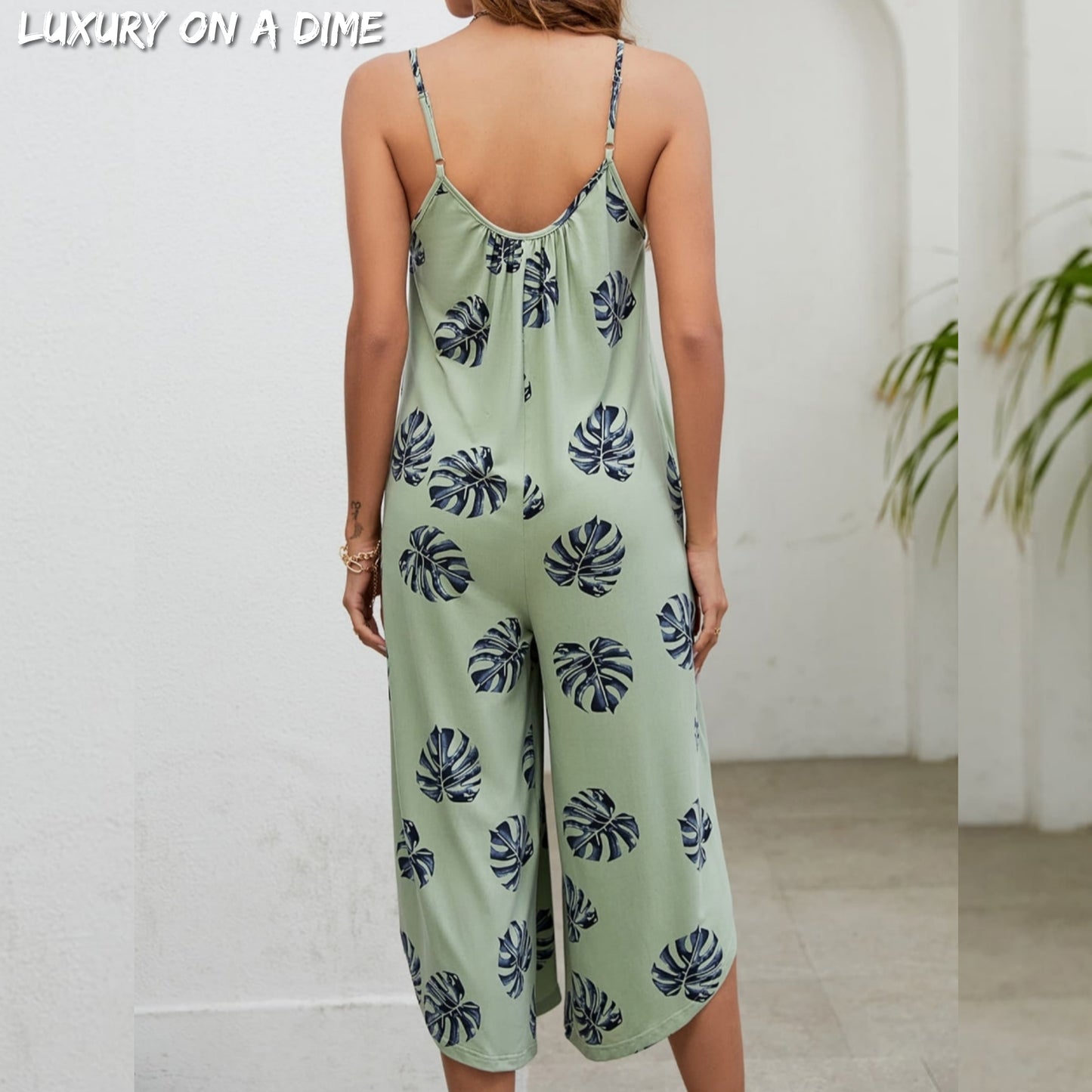 Botanical Palm Sleeveless Bohemian Capri Wide Leg Oversized Pant Pocket Jumpsuit