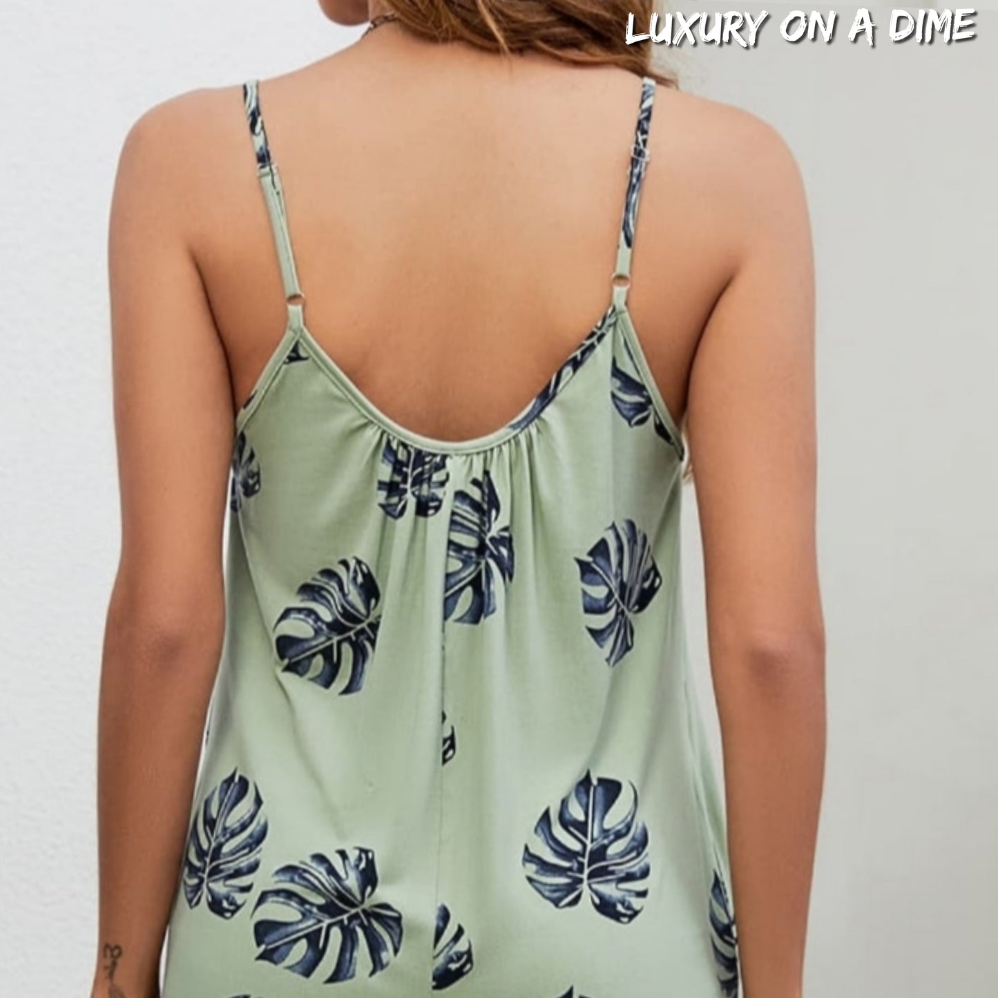 Botanical Palm Sleeveless Bohemian Capri Wide Leg Oversized Pant Pocket Jumpsuit