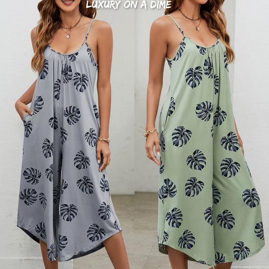 Botanical Palm Sleeveless Bohemian Capri Wide Leg Oversized Pant Pocket Jumpsuit