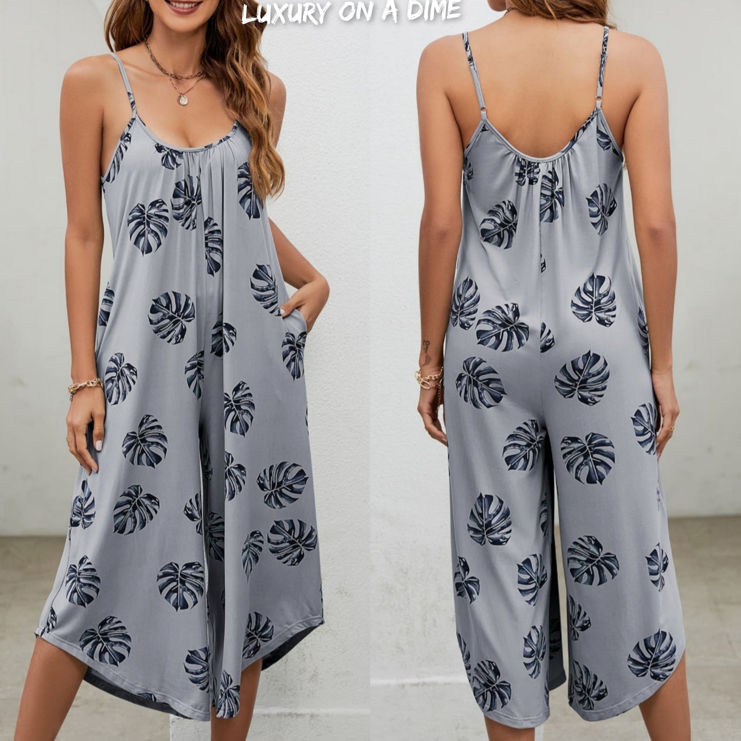 Botanical Palm Sleeveless Bohemian Capri Wide Leg Oversized Pant Pocket Jumpsuit