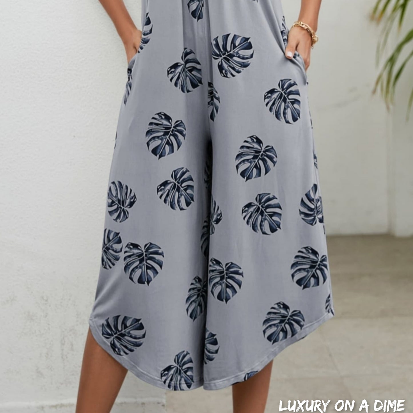 Botanical Palm Sleeveless Bohemian Capri Wide Leg Oversized Pant Pocket Jumpsuit