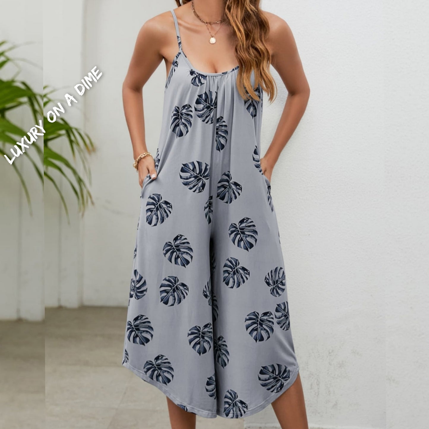 Botanical Palm Sleeveless Bohemian Capri Wide Leg Oversized Pant Pocket Jumpsuit