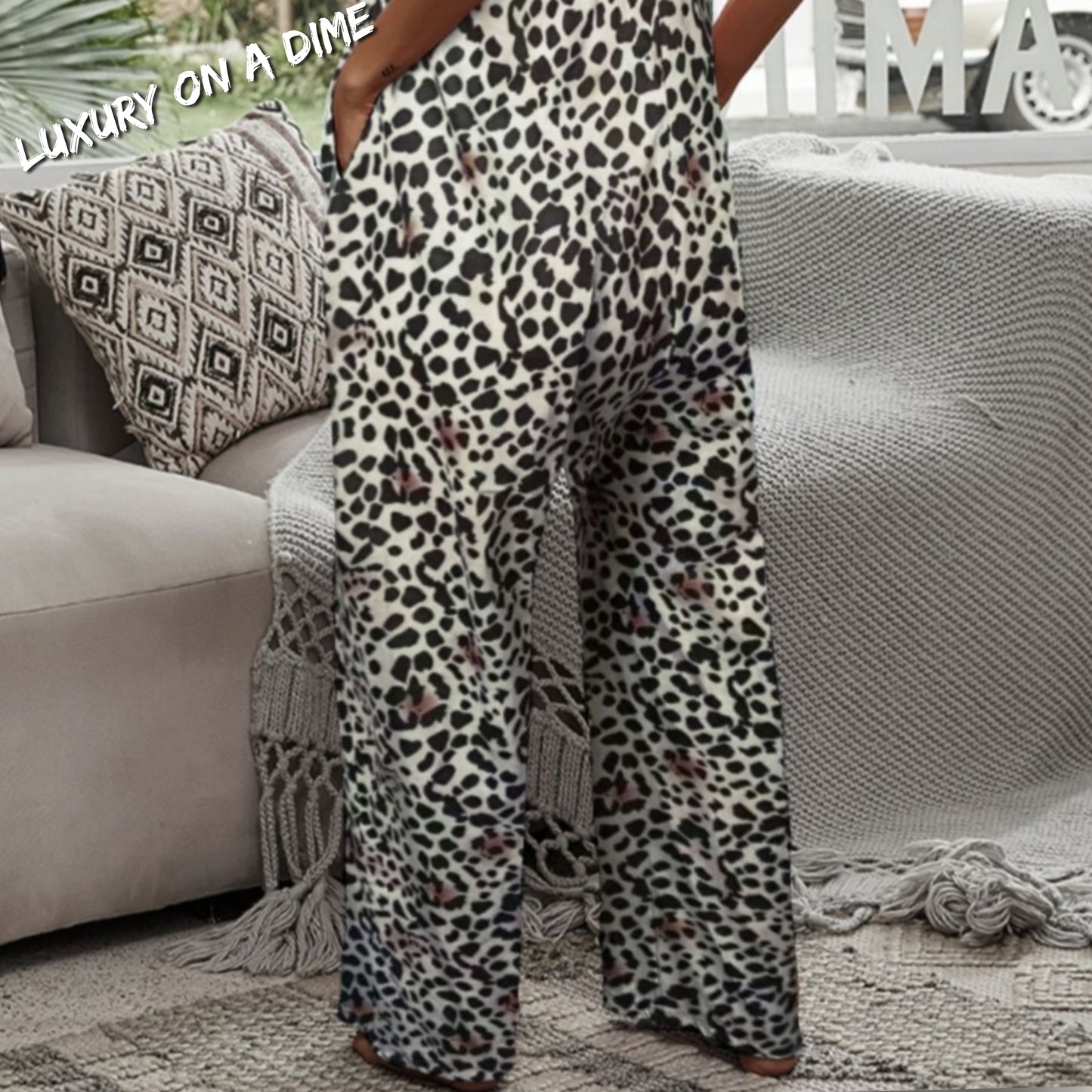 Wide Leg Mix Animal Print Spaghetti Strap One Piece Side Pocket Jumpsuit
