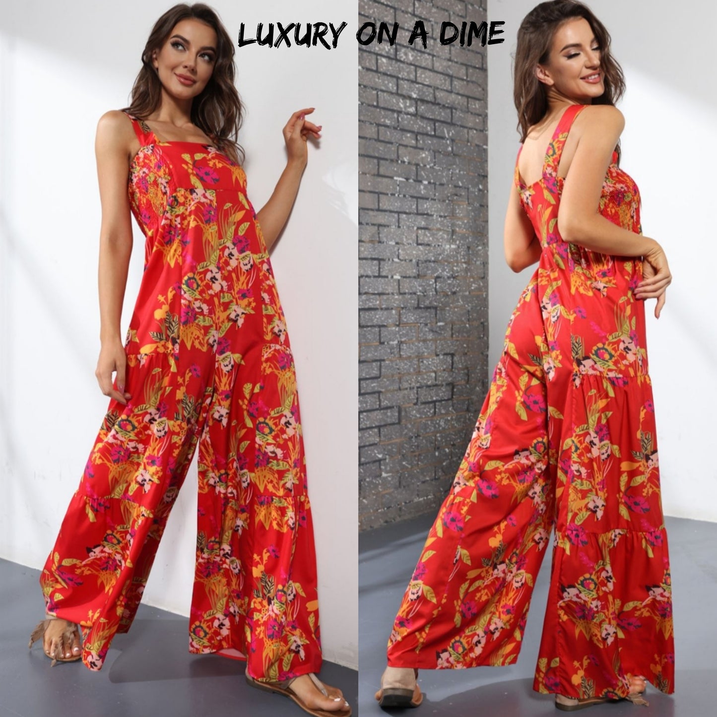 Floral Smock Side Jumpsuit Tiered Oversized Wide Leg One-piece Pant Outfit