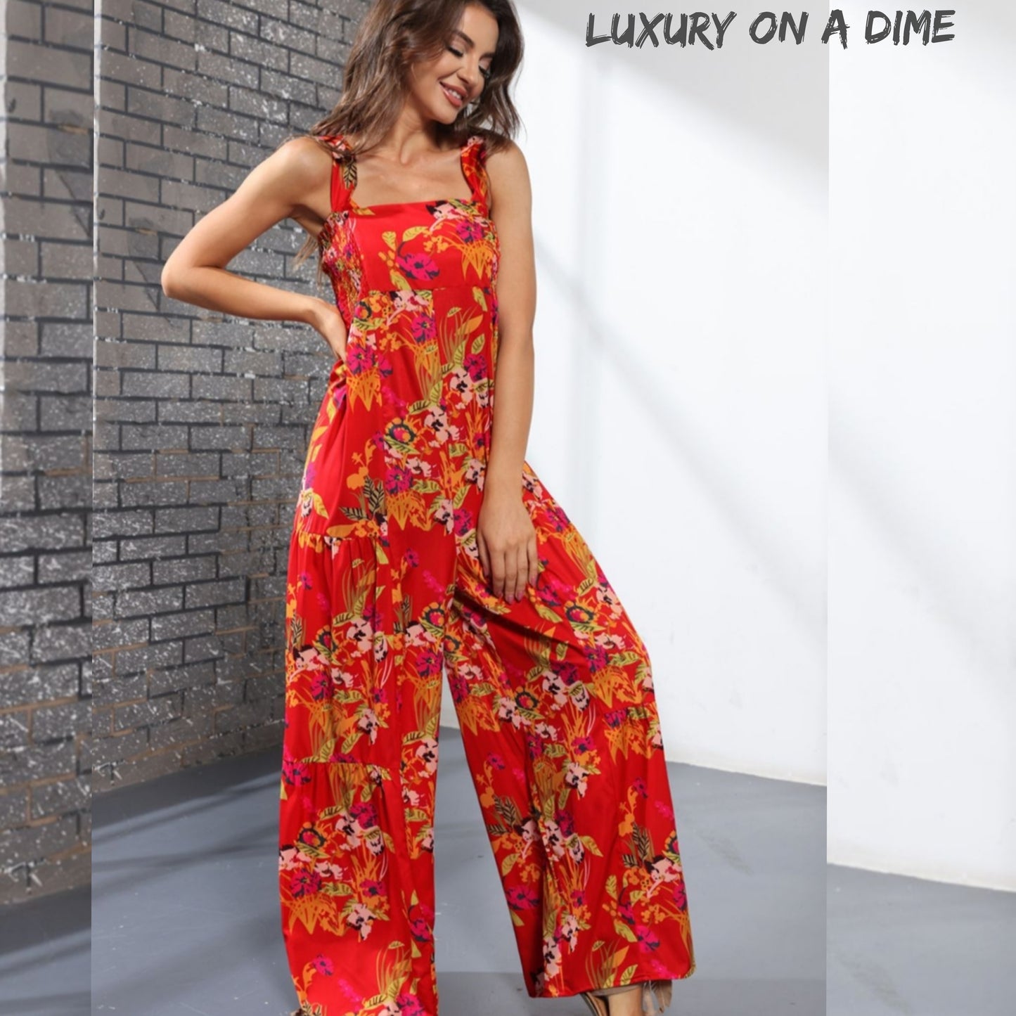 Floral Smock Side Jumpsuit Tiered Oversized Wide Leg One-piece Pant Outfit