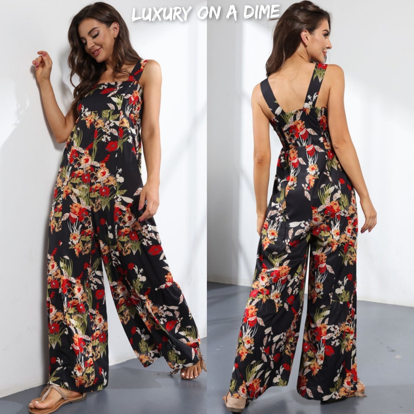 Floral Smock Side Jumpsuit Tiered Oversized Wide Leg One-piece Pant Outfit
