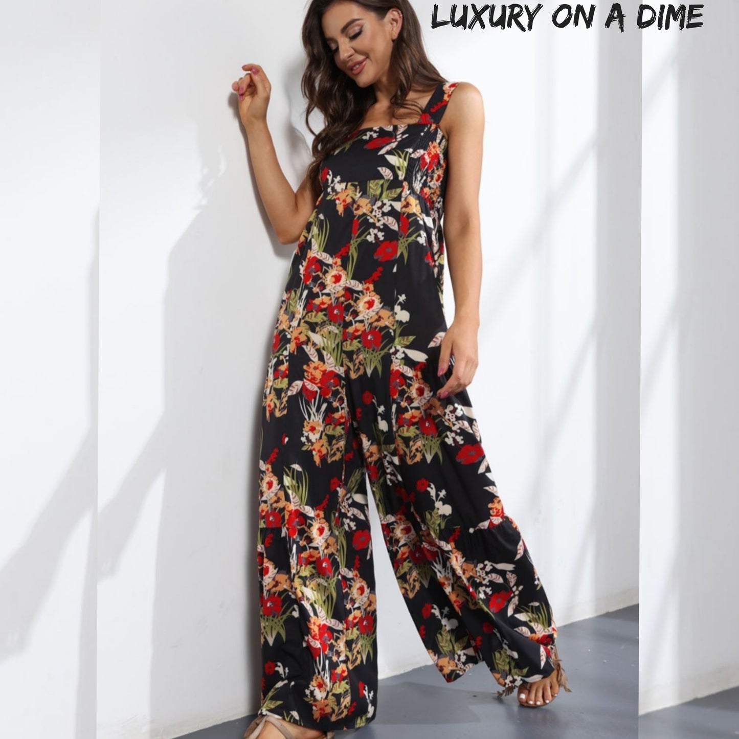 Floral Smock Side Jumpsuit Tiered Oversized Wide Leg One-piece Pant Outfit