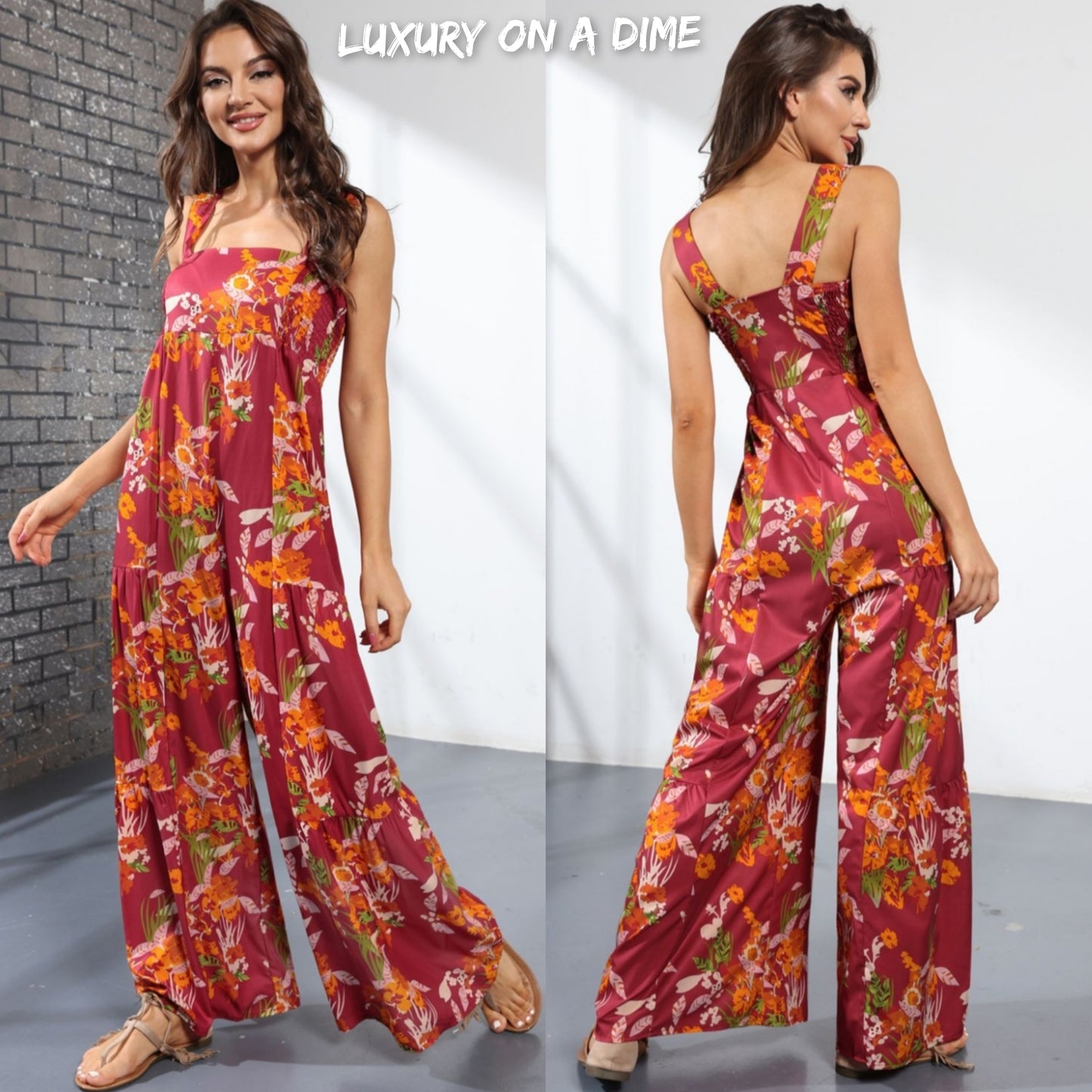 Floral Smock Side Jumpsuit Tiered Oversized Wide Leg One-piece Pant Outfit