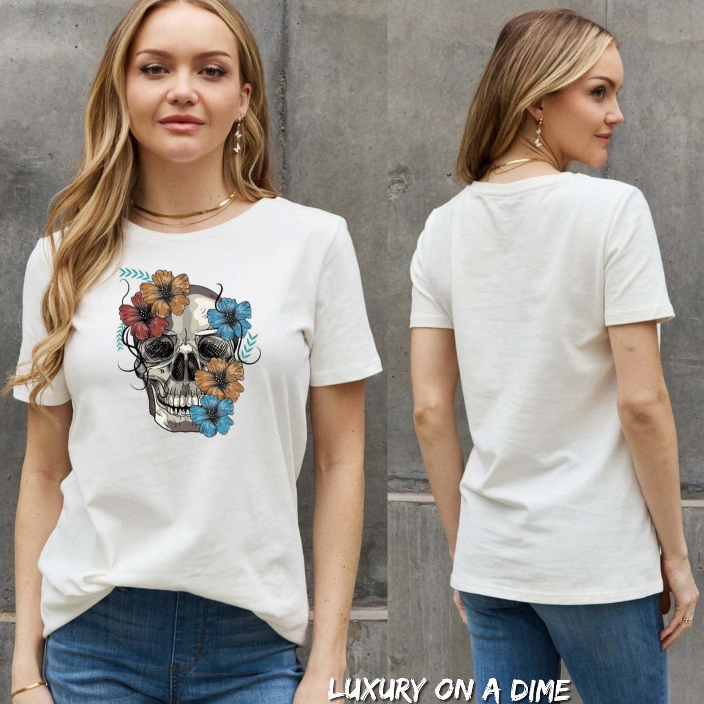 Bright Floral Skull Graphic Short Sleeve Tee Shirt 100% Premium Cotton