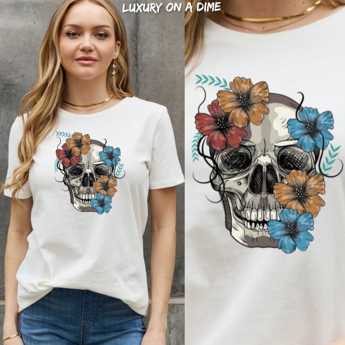 Bright Floral Skull Graphic Short Sleeve Tee Shirt 100% Premium Cotton