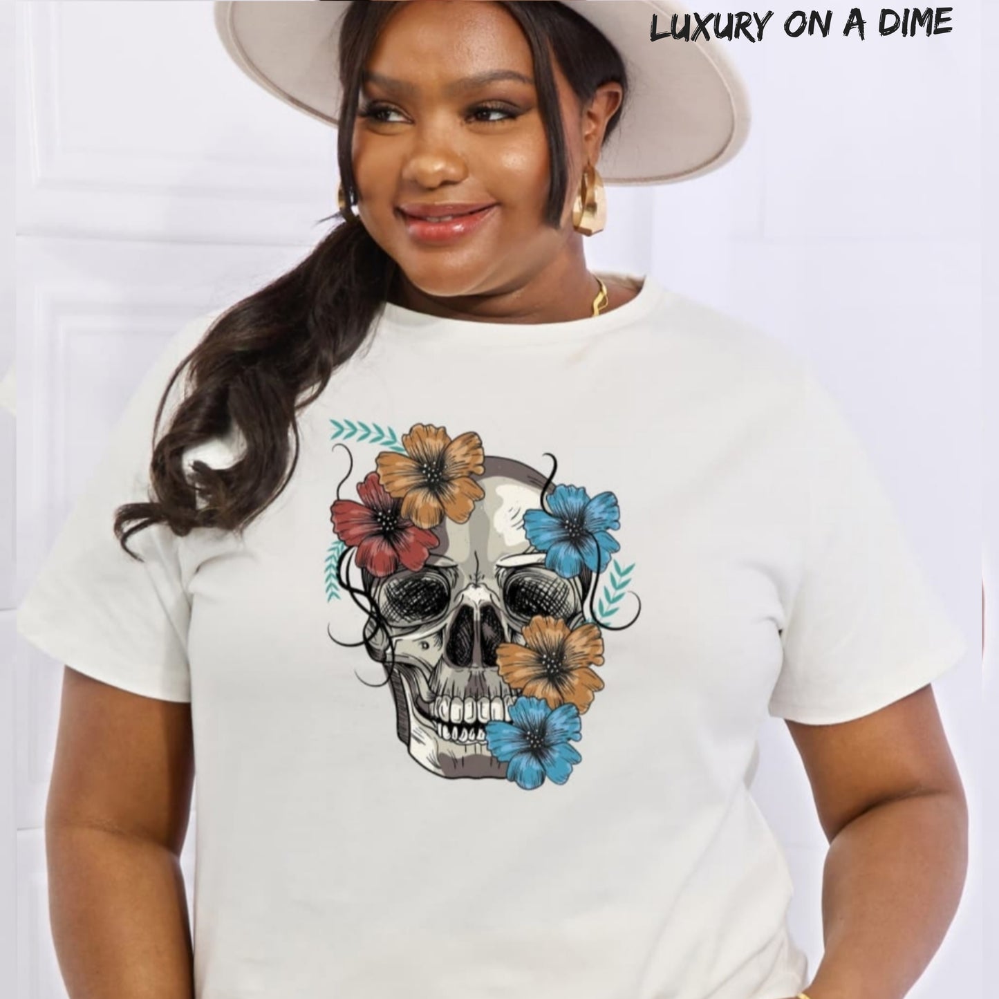 Bright Floral Skull Graphic Short Sleeve Tee Shirt 100% Premium Cotton