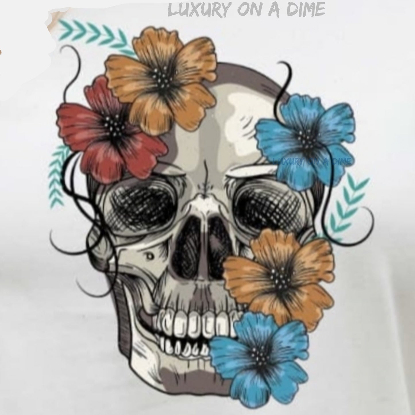 Bright Floral Skull Graphic Short Sleeve Tee Shirt 100% Premium Cotton