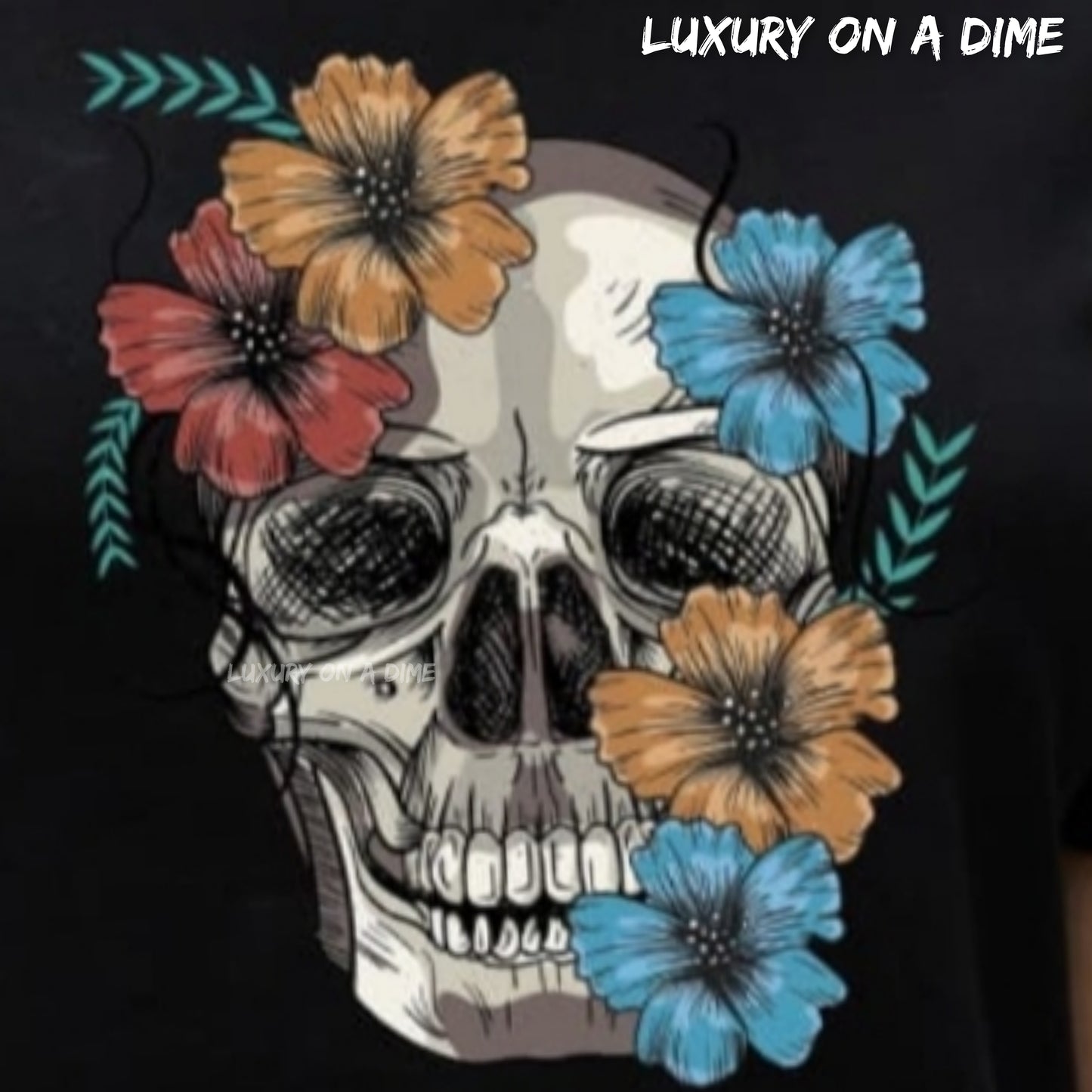 Bright Floral Skull Graphic Short Sleeve Tee Shirt 100% Premium Cotton