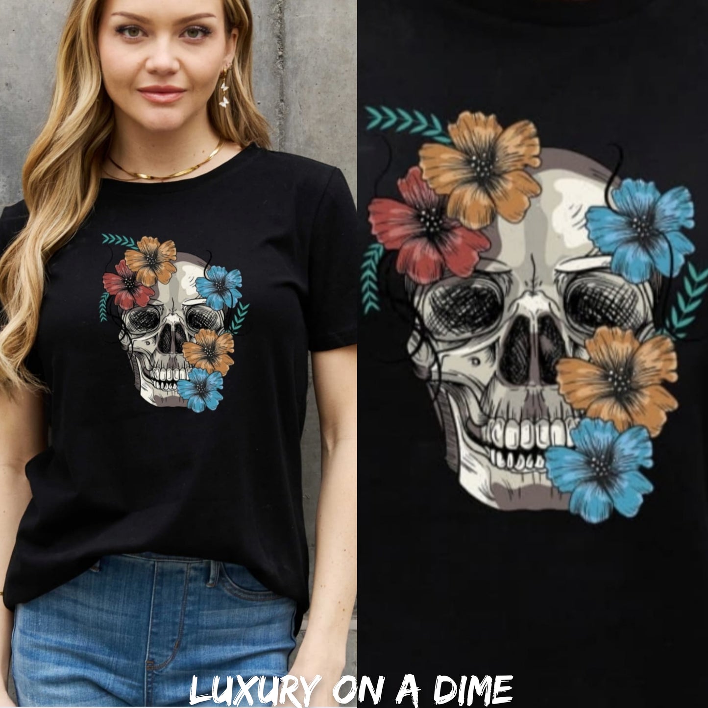 Bright Floral Skull Graphic Short Sleeve Tee Shirt 100% Premium Cotton