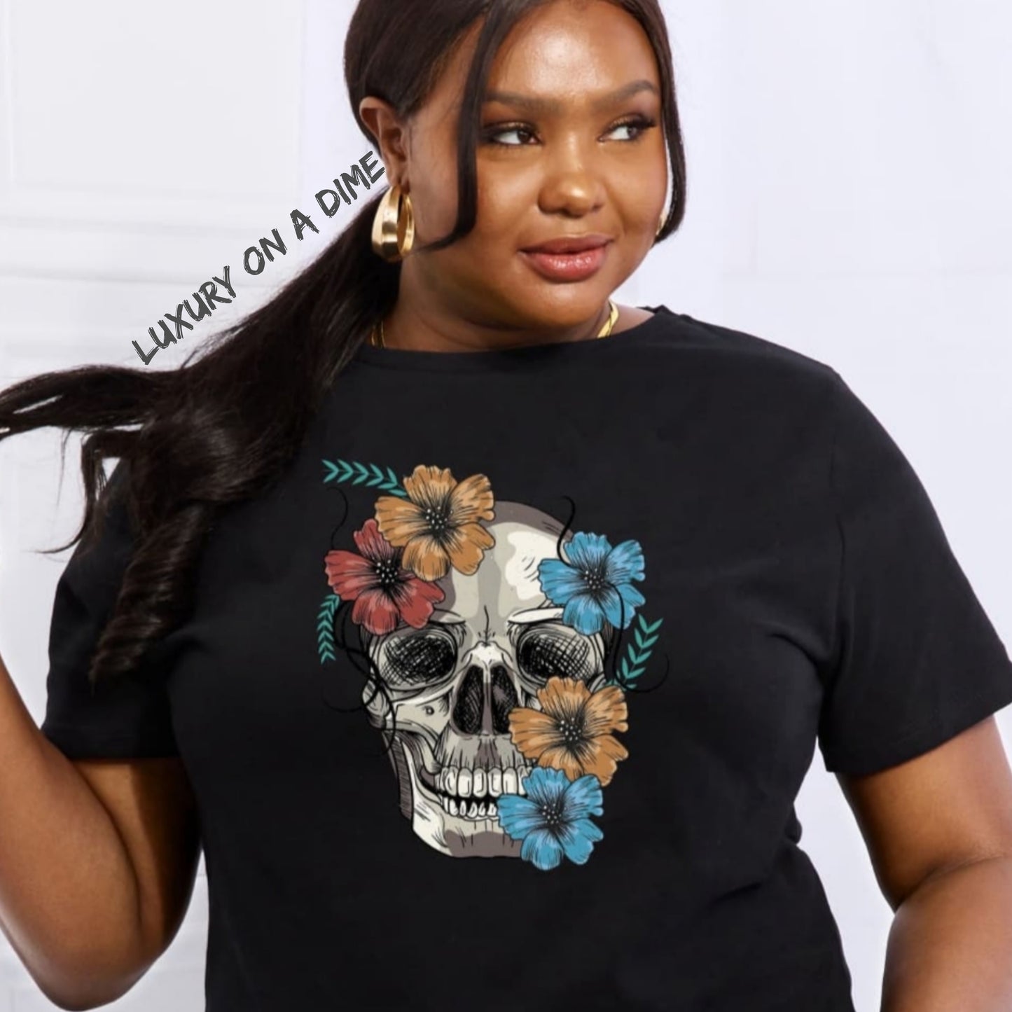 Bright Floral Skull Graphic Short Sleeve Tee Shirt 100% Premium Cotton