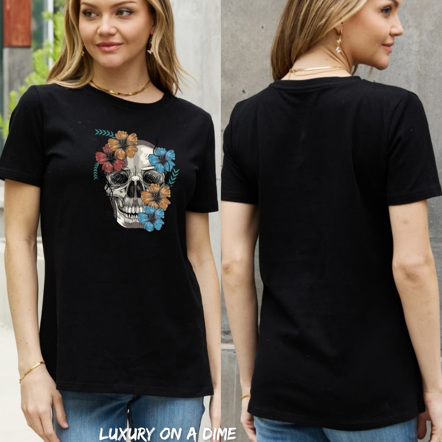 Bright Floral Skull Graphic Short Sleeve Tee Shirt 100% Premium Cotton