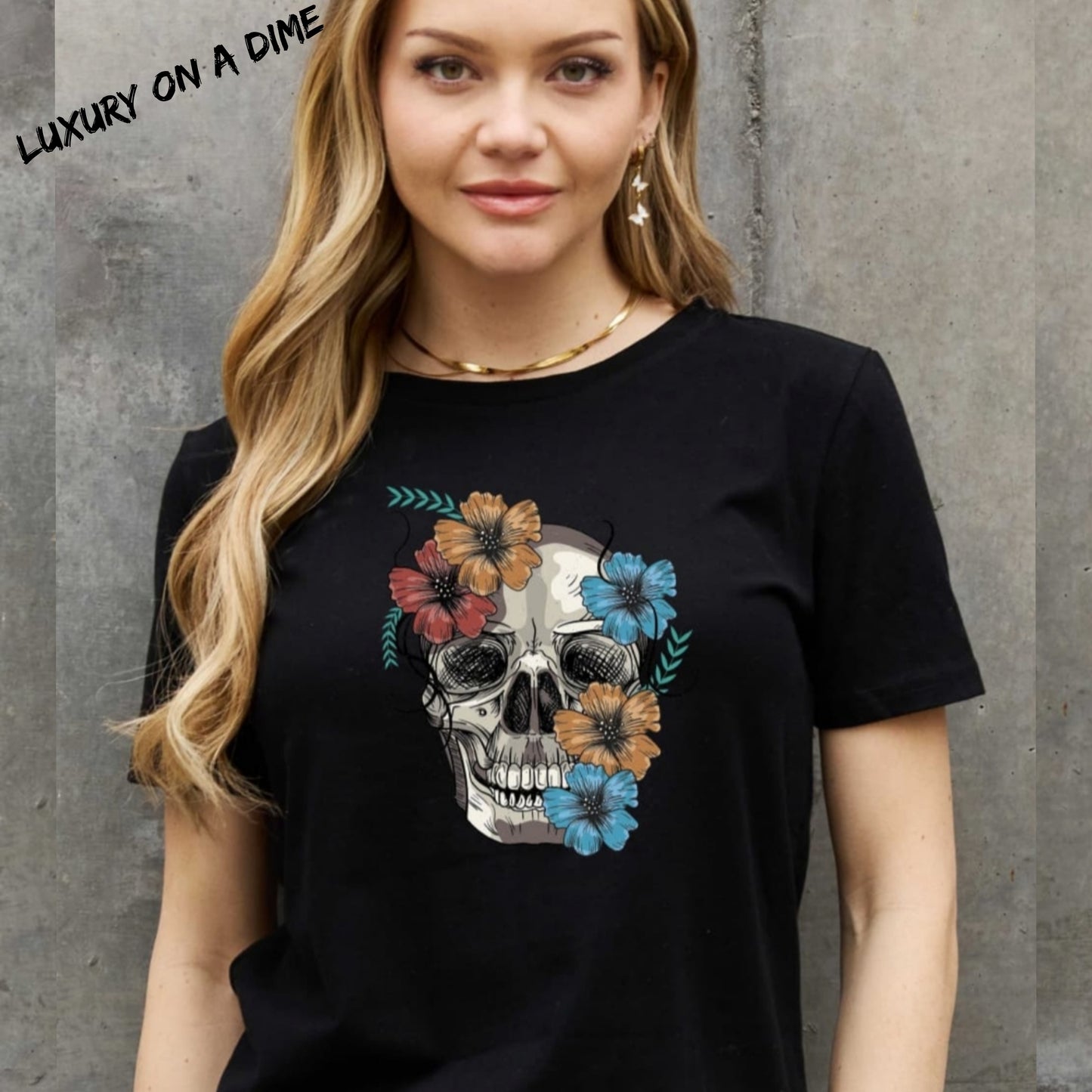 Bright Floral Skull Graphic Short Sleeve Tee Shirt 100% Premium Cotton