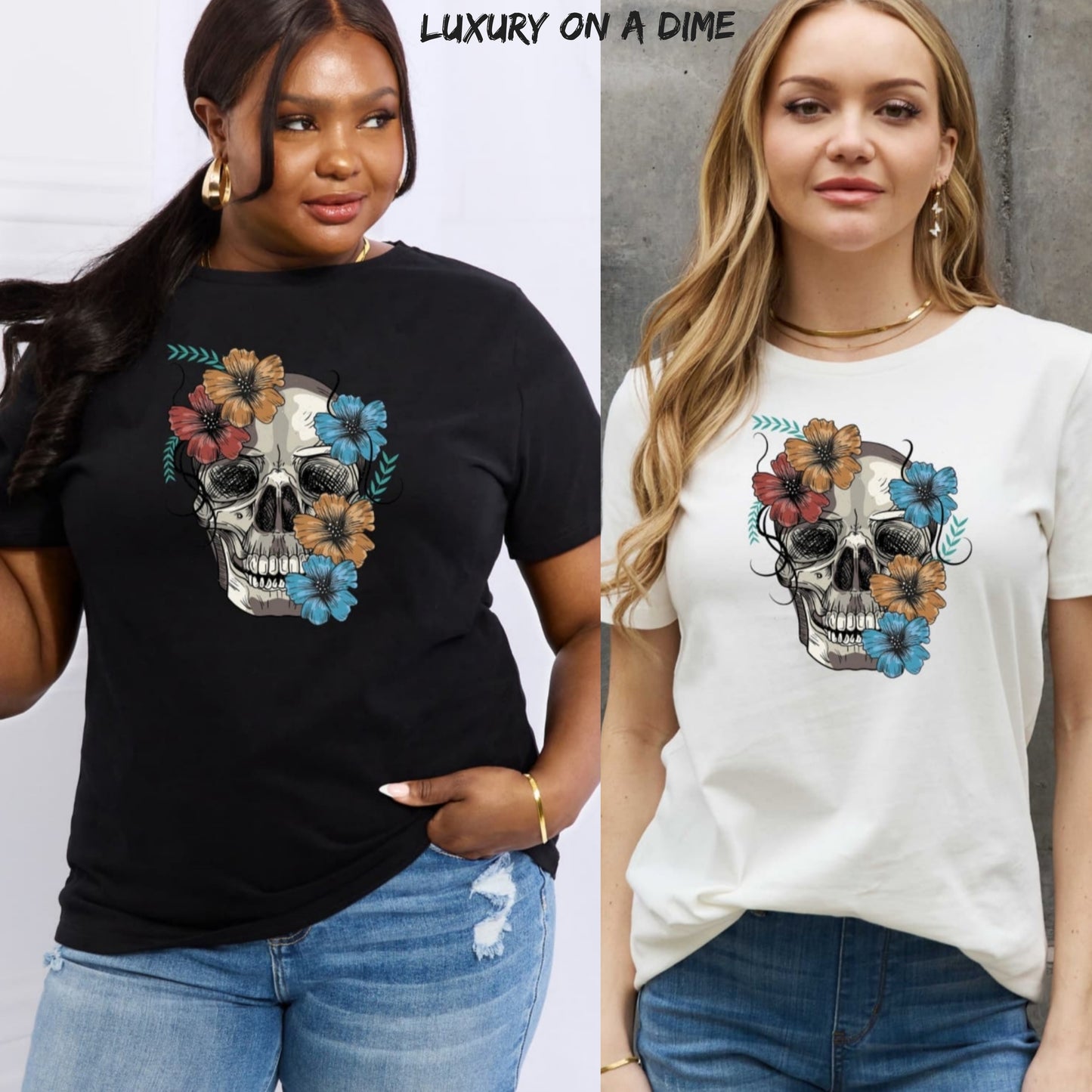 Bright Floral Skull Graphic Short Sleeve Tee Shirt 100% Premium Cotton
