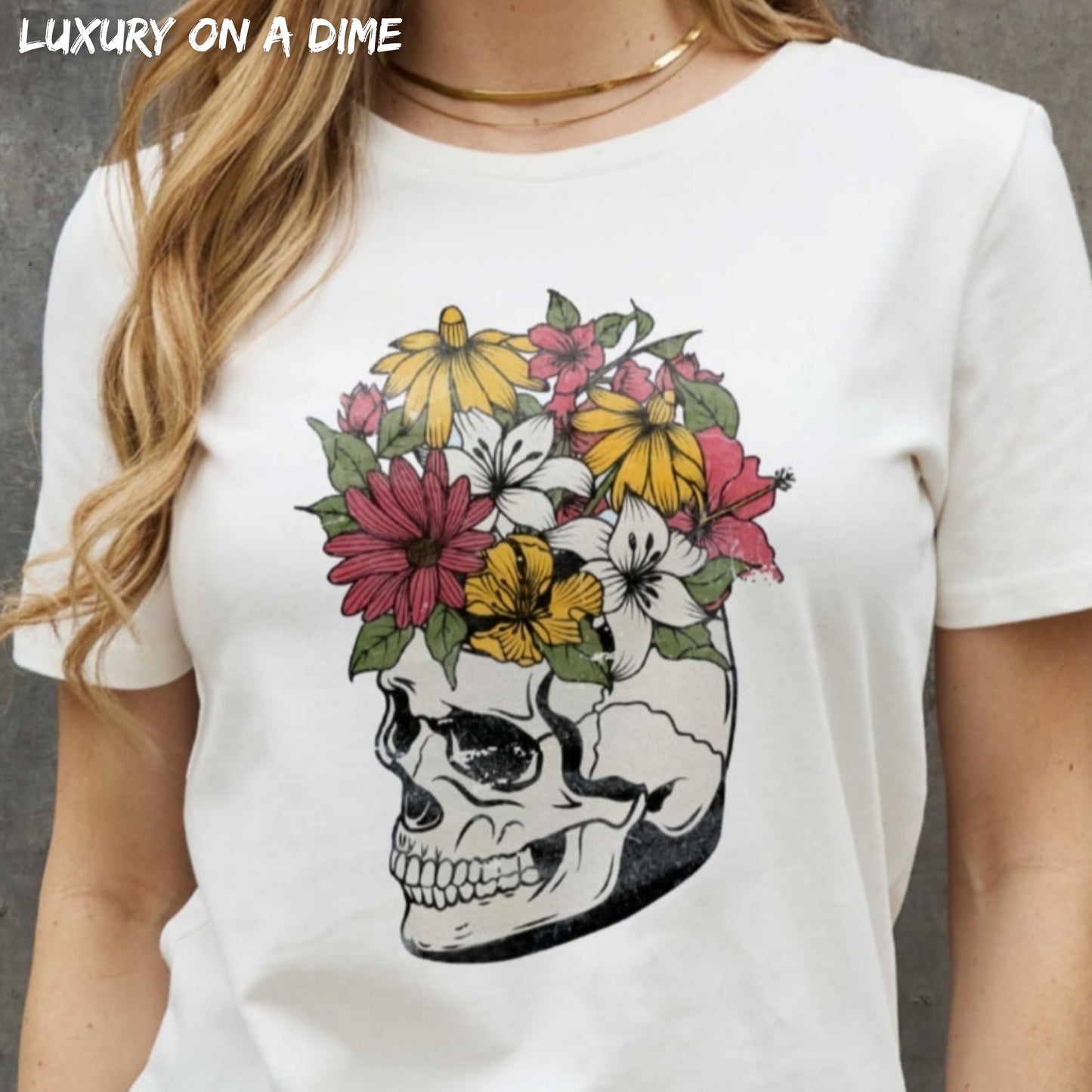 Bright Floral Skull Head Graphic Short-sleeve Tee Shirt 100% Premium Cotton