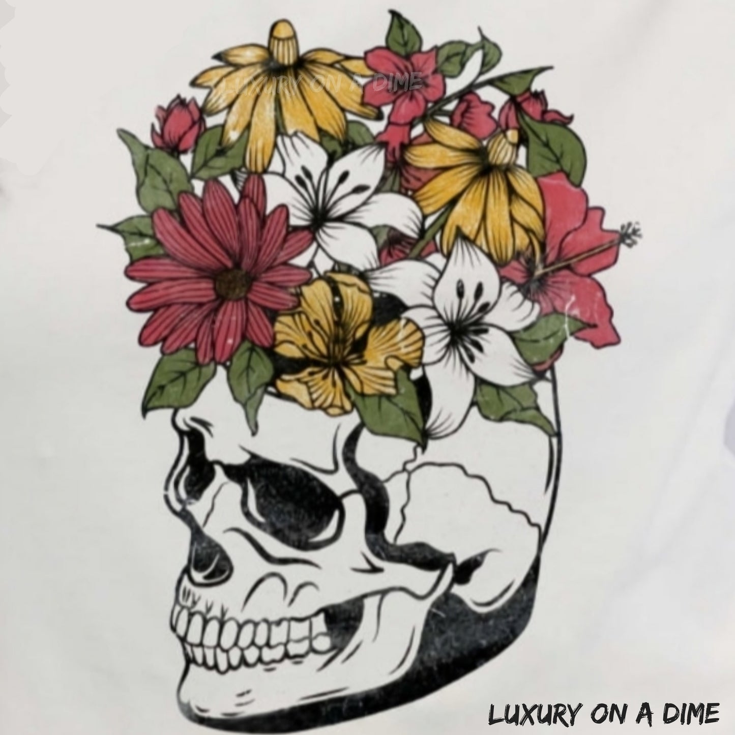 Bright Floral Skull Head Graphic Short-sleeve Tee Shirt 100% Premium Cotton