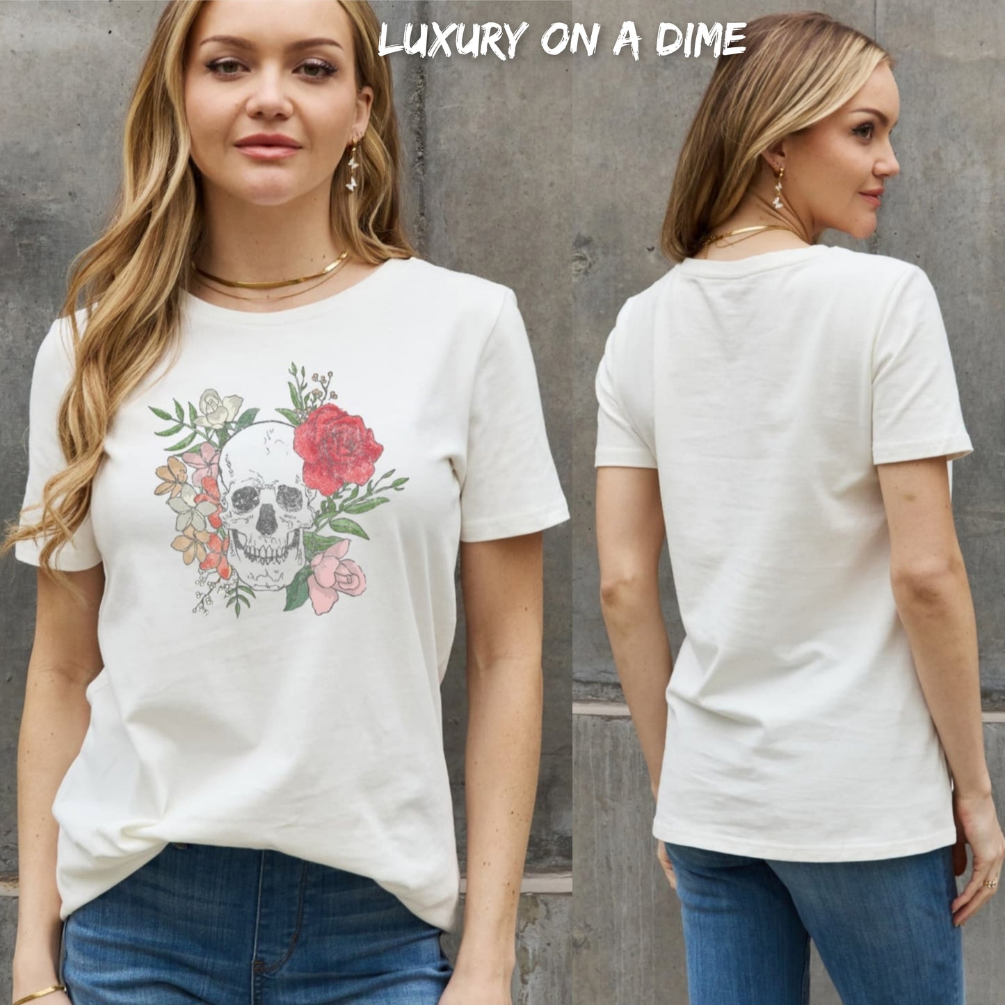 Floral Skull Head Retro Distressed Graphic Short-sleeve Tee Shirt 100% Cotton