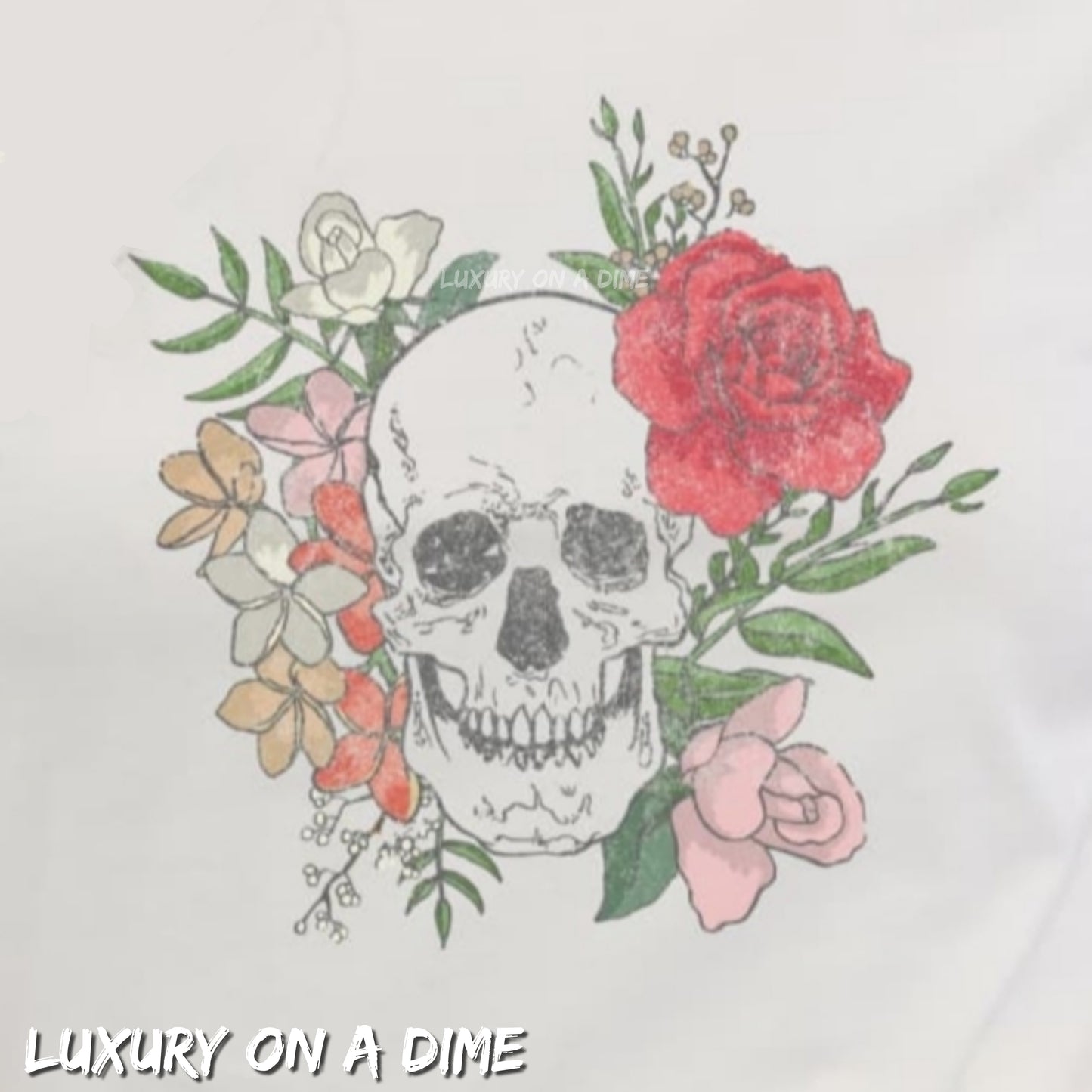 Floral Skull Head Retro Distressed Graphic Short-sleeve Tee Shirt 100% Cotton