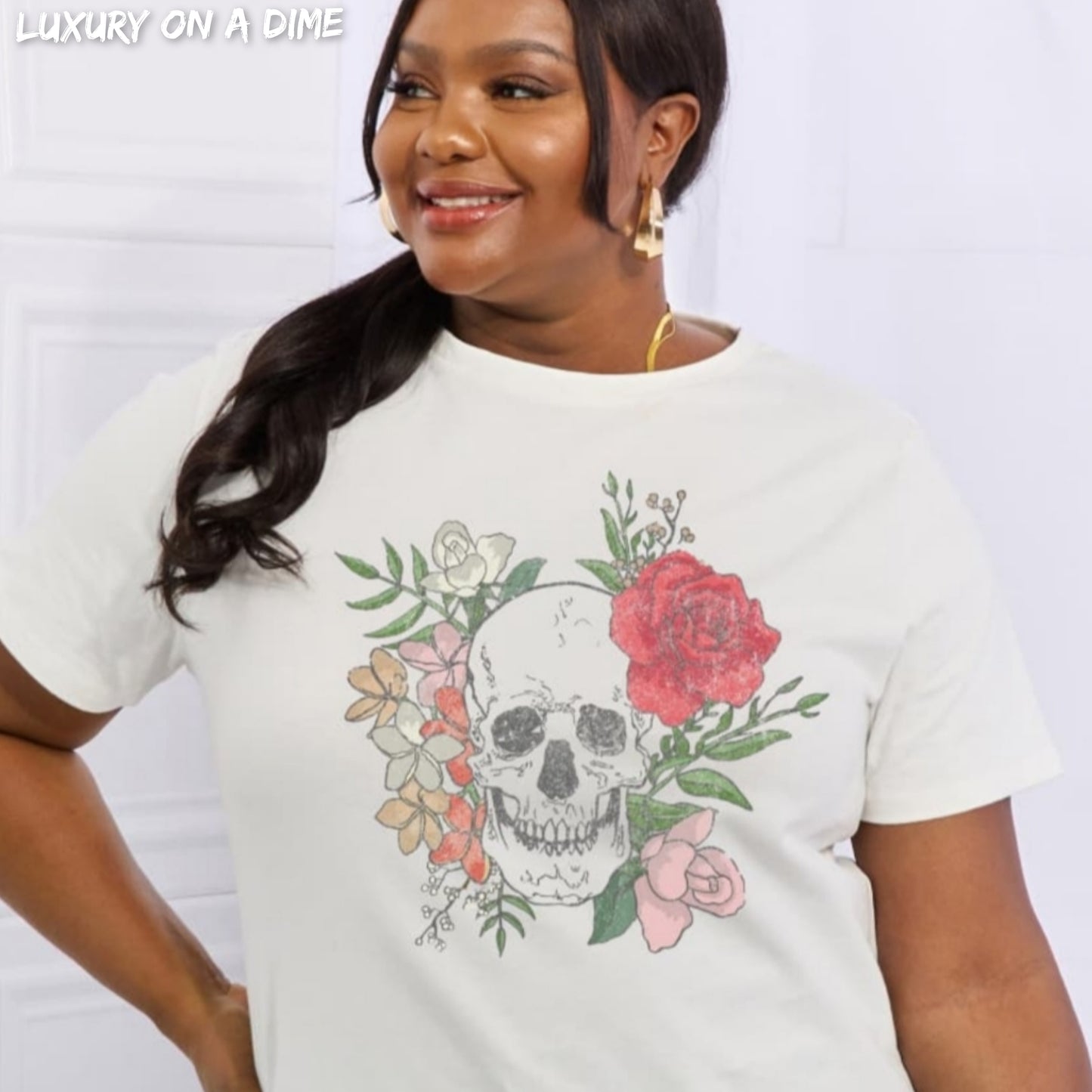 Floral Skull Head Retro Distressed Graphic Short-sleeve Tee Shirt 100% Cotton