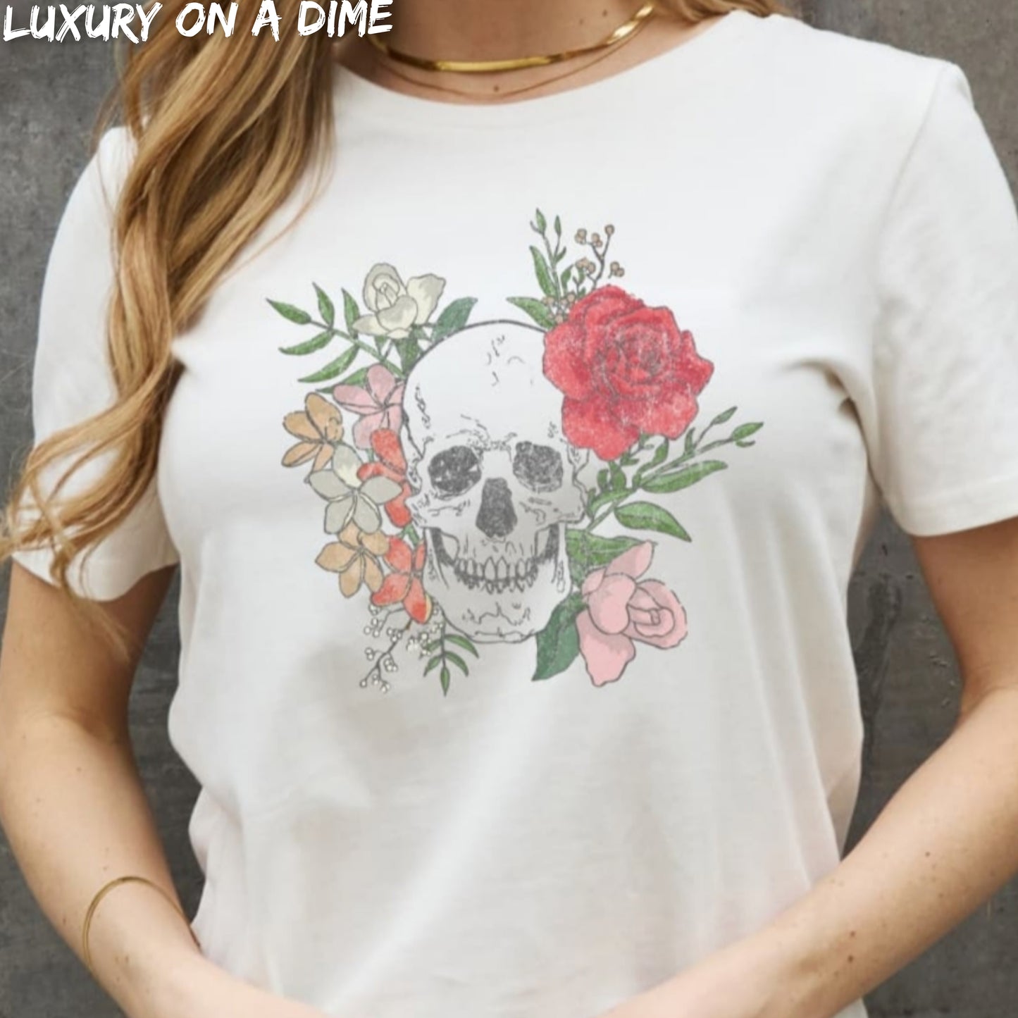 Floral Skull Head Retro Distressed Graphic Short-sleeve Tee Shirt 100% Cotton