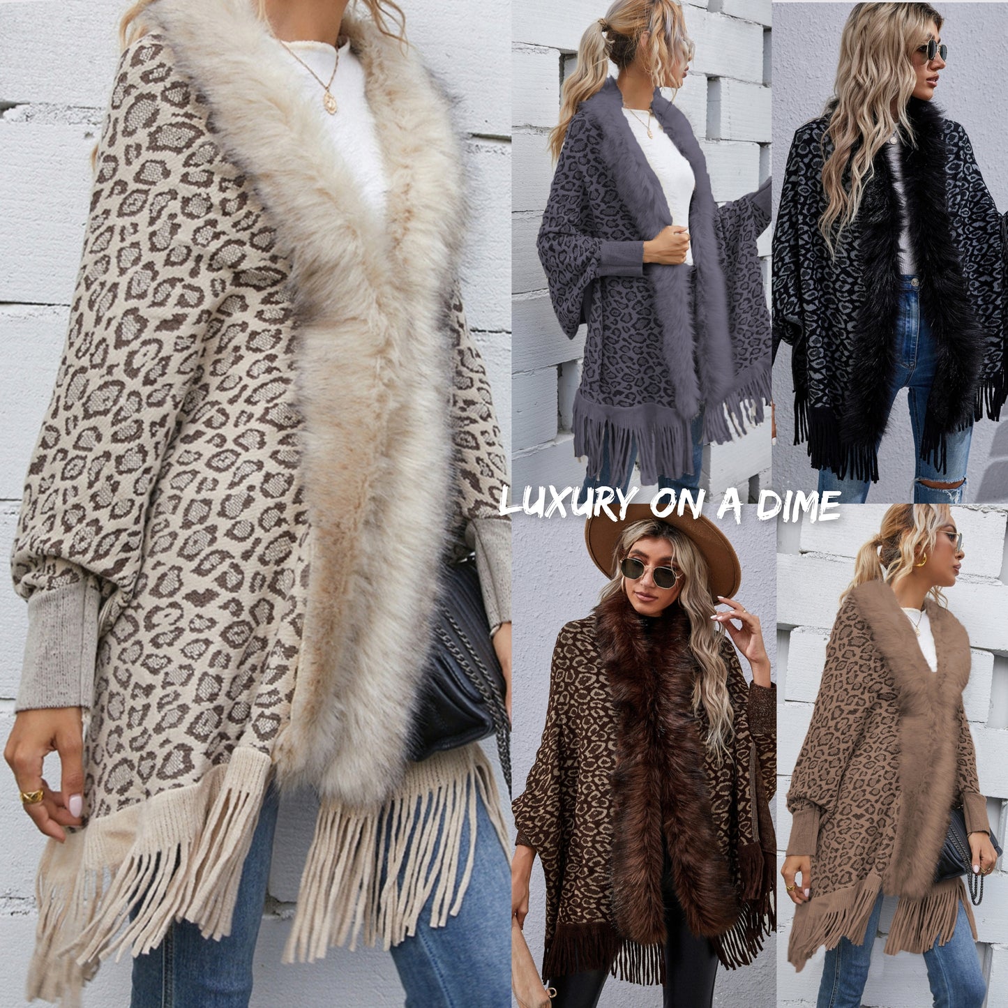 Faux Fur Knit Leopard Print Fringe Bottom Long Sleeve Cardigan Poncho