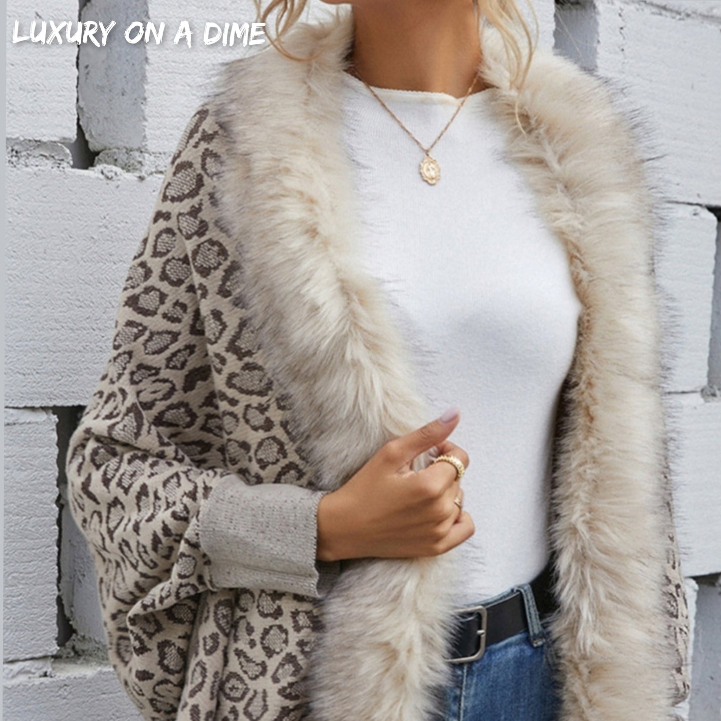 Faux Fur Knit Leopard Print Fringe Bottom Long Sleeve Cardigan Poncho
