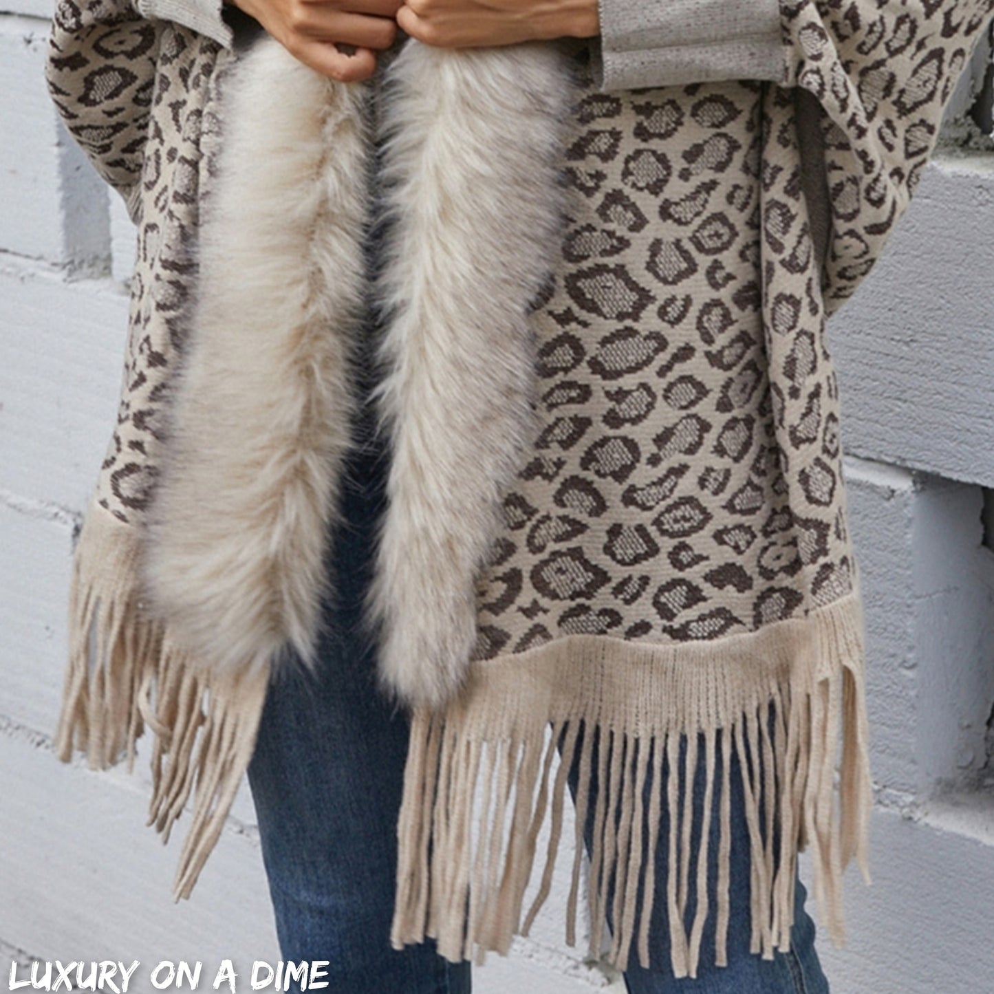Faux Fur Knit Leopard Print Fringe Bottom Long Sleeve Cardigan Poncho