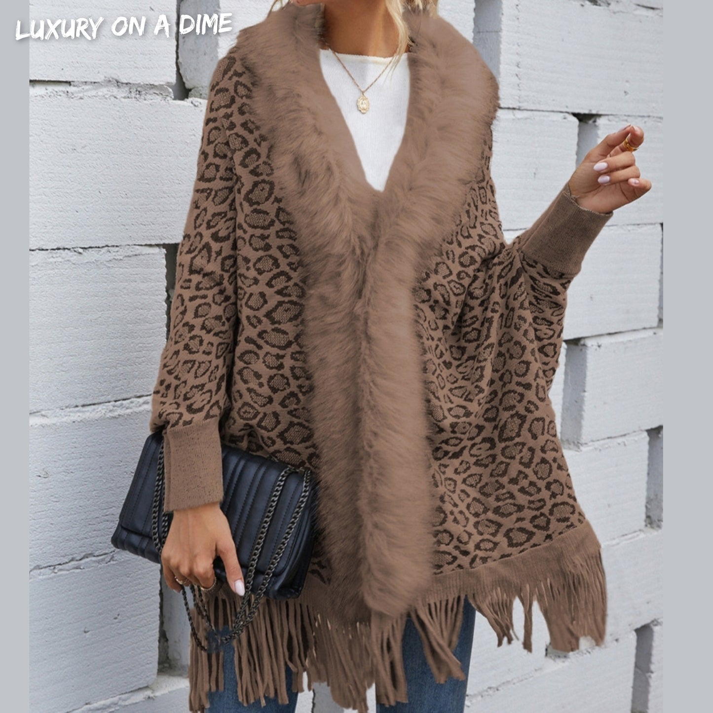 Faux Fur Knit Leopard Print Fringe Bottom Long Sleeve Cardigan Poncho