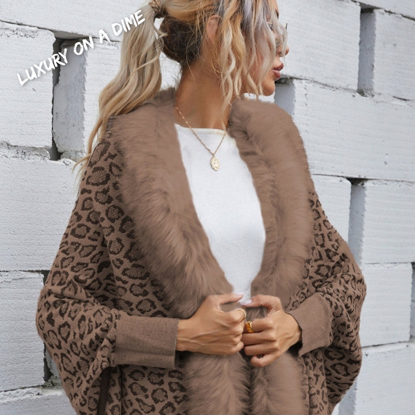 Faux Fur Knit Leopard Print Fringe Bottom Long Sleeve Cardigan Poncho