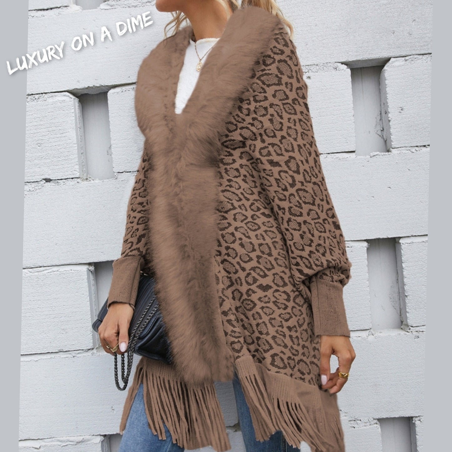 Faux Fur Knit Leopard Print Fringe Bottom Long Sleeve Cardigan Poncho