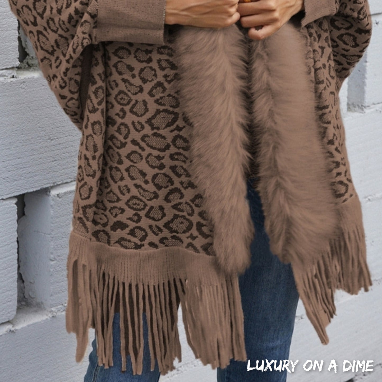 Faux Fur Knit Leopard Print Fringe Bottom Long Sleeve Cardigan Poncho