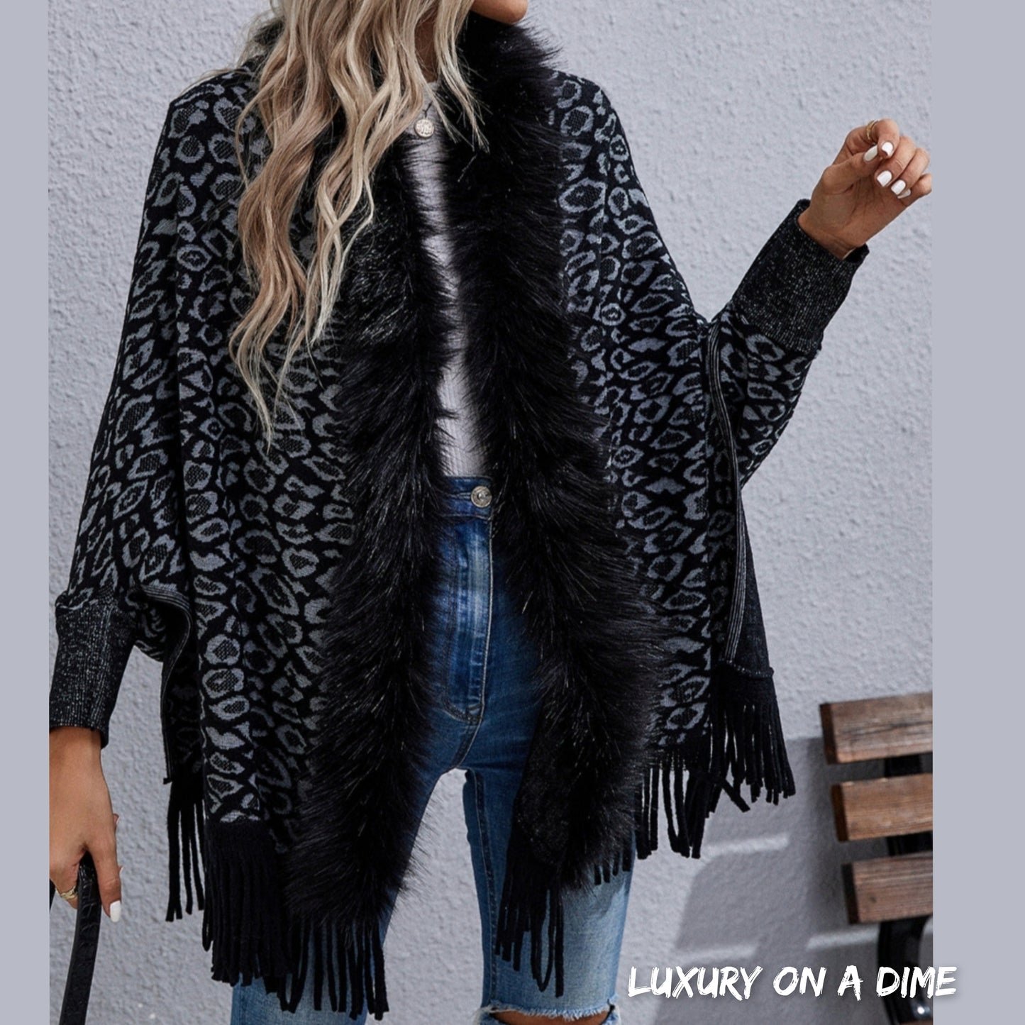 Faux Fur Knit Leopard Print Fringe Bottom Long Sleeve Cardigan Poncho