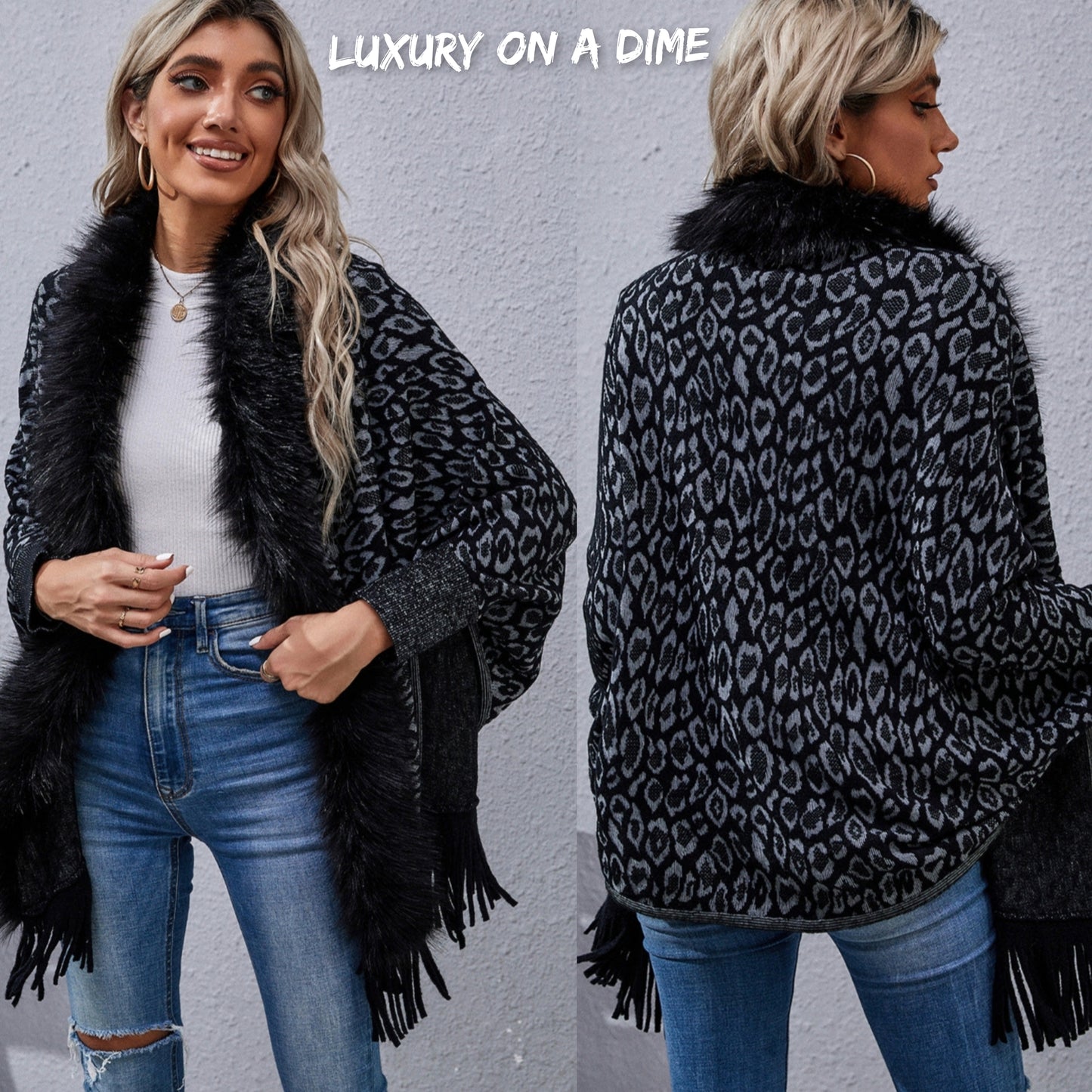 Faux Fur Knit Leopard Print Fringe Bottom Long Sleeve Cardigan Poncho
