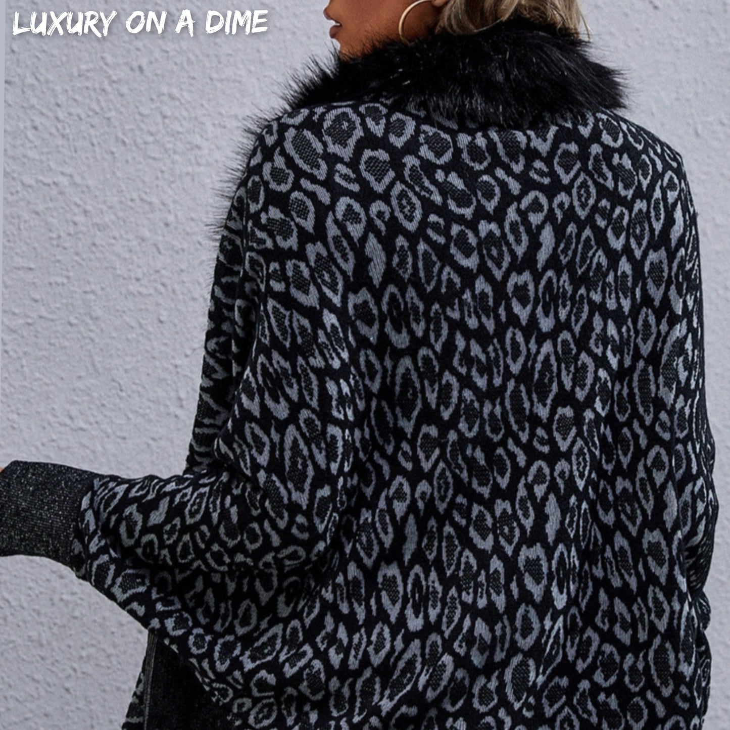Faux Fur Knit Leopard Print Fringe Bottom Long Sleeve Cardigan Poncho
