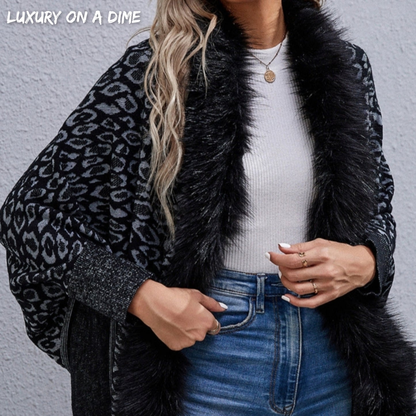Faux Fur Knit Leopard Print Fringe Bottom Long Sleeve Cardigan Poncho