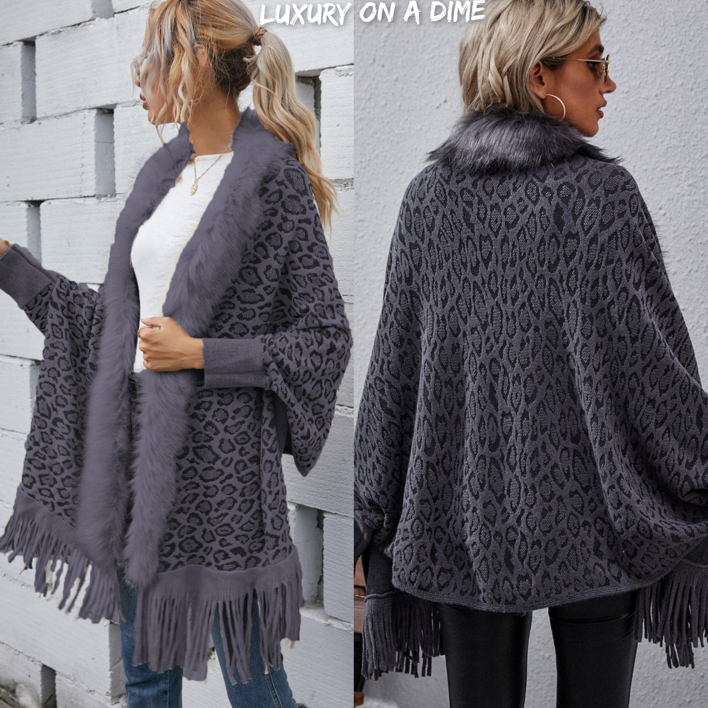 Faux Fur Knit Leopard Print Fringe Bottom Long Sleeve Cardigan Poncho