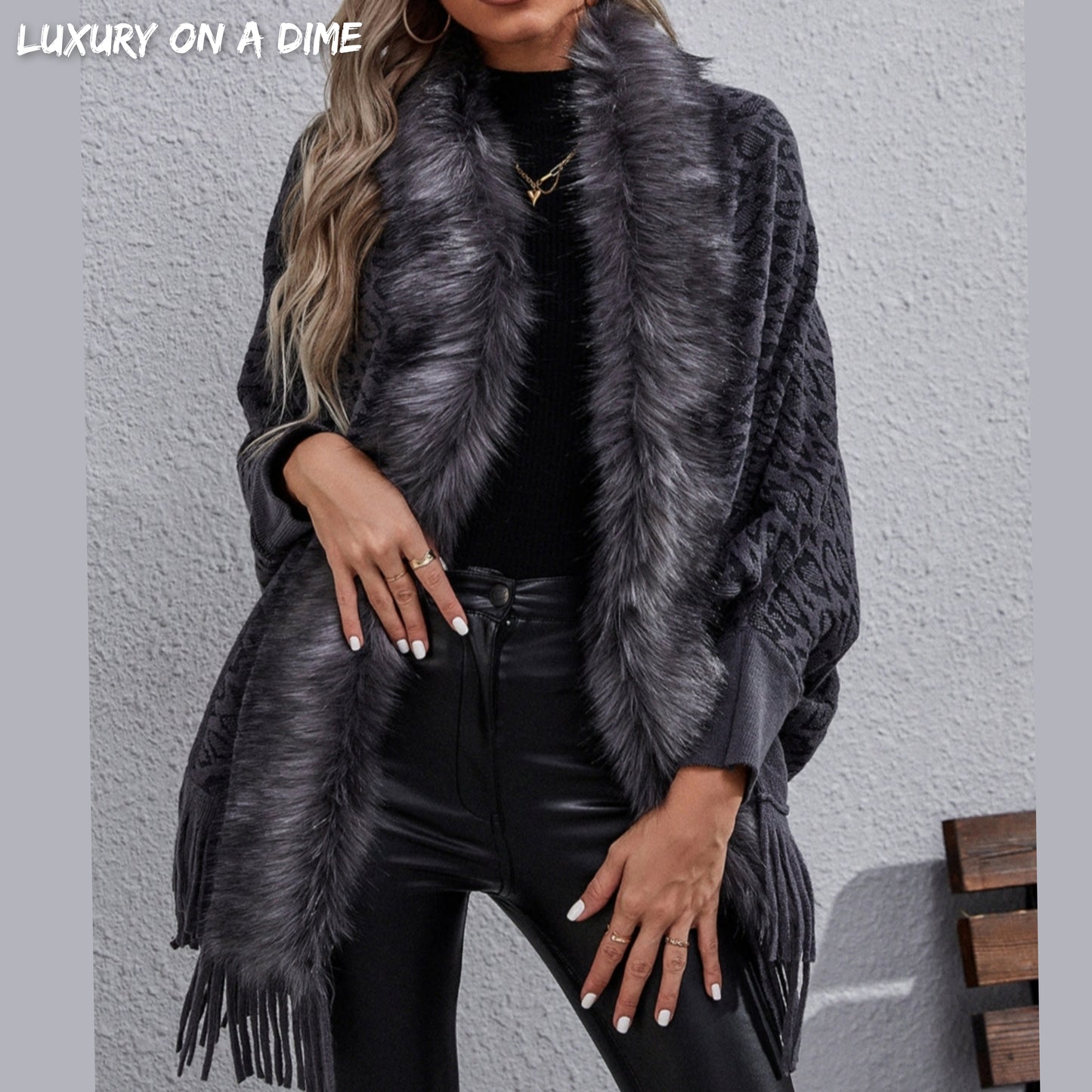 Faux Fur Knit Leopard Print Fringe Bottom Long Sleeve Cardigan Poncho