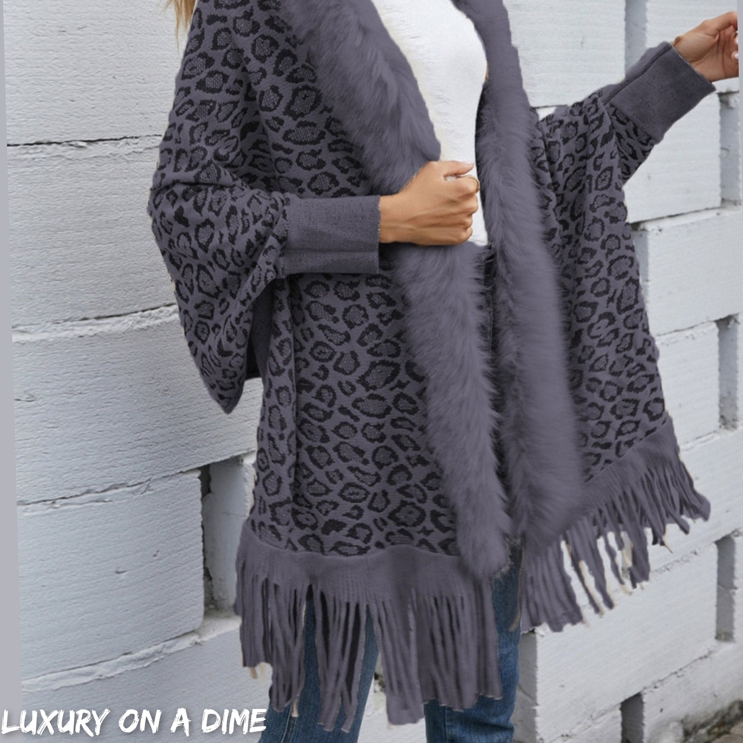 Faux Fur Knit Leopard Print Fringe Bottom Long Sleeve Cardigan Poncho