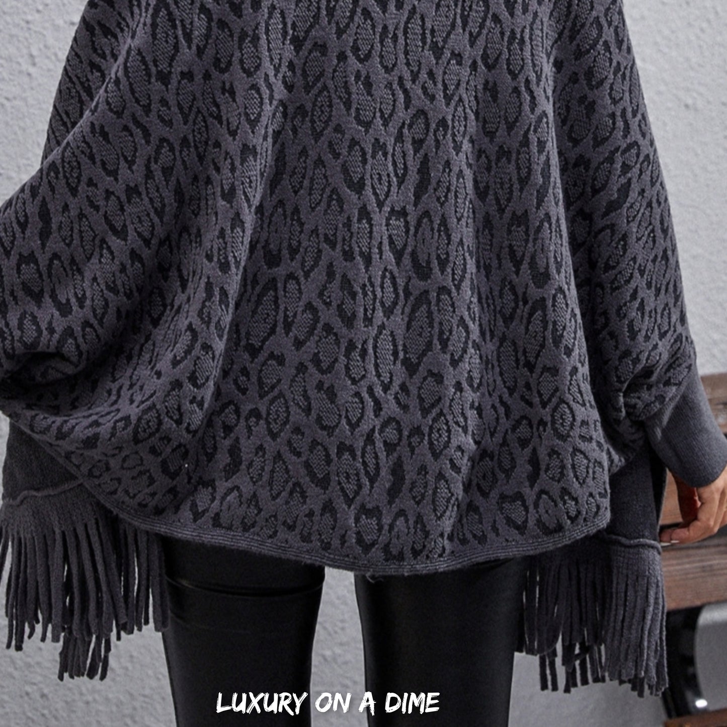 Faux Fur Knit Leopard Print Fringe Bottom Long Sleeve Cardigan Poncho