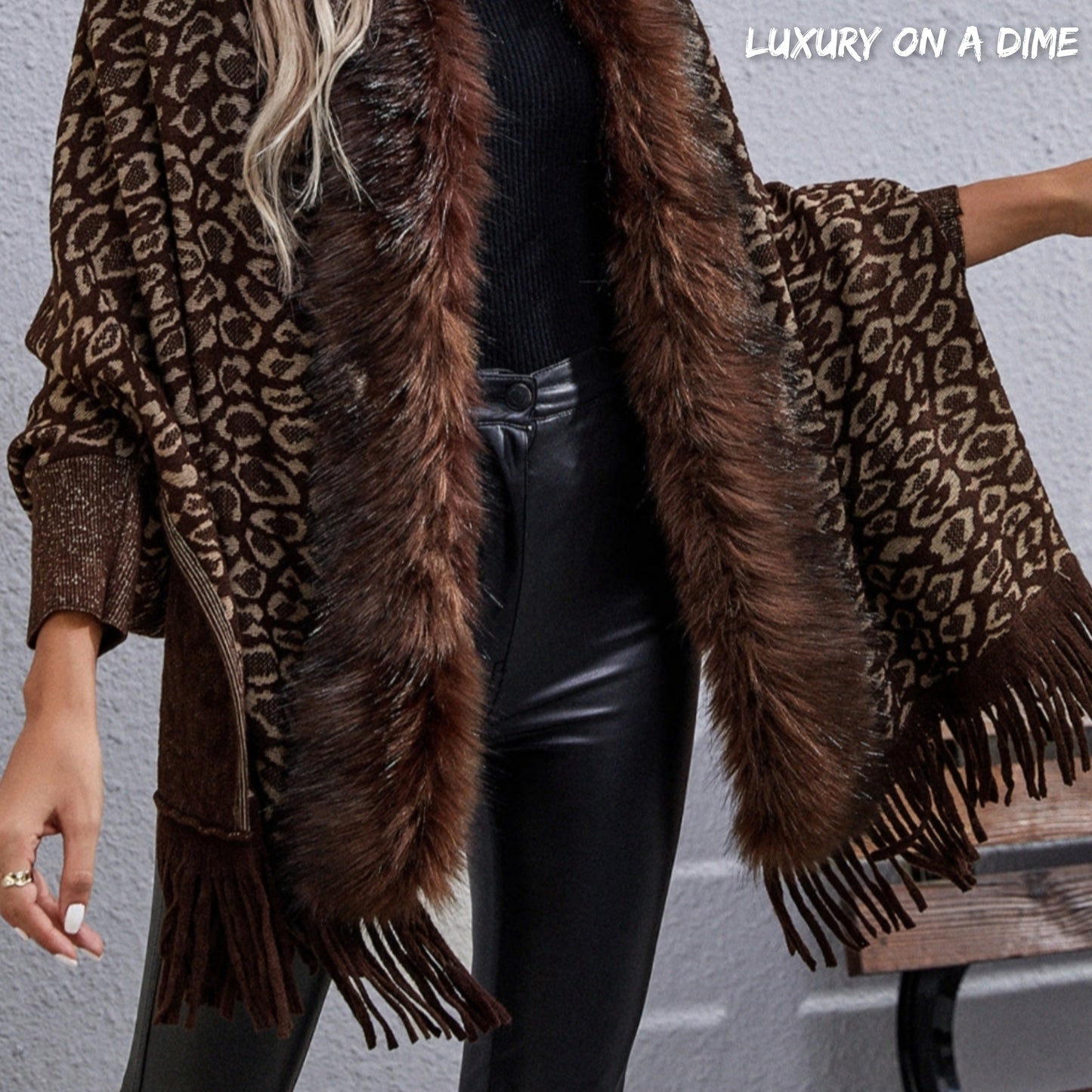 Faux Fur Knit Leopard Print Fringe Bottom Long Sleeve Cardigan Poncho