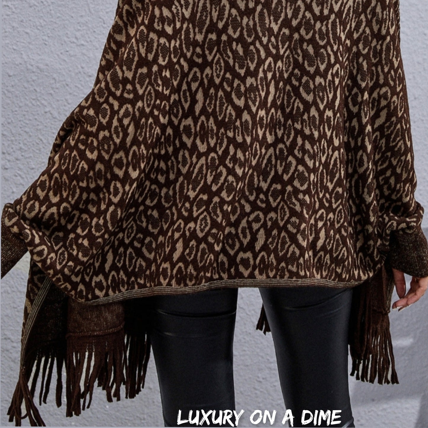 Faux Fur Knit Leopard Print Fringe Bottom Long Sleeve Cardigan Poncho