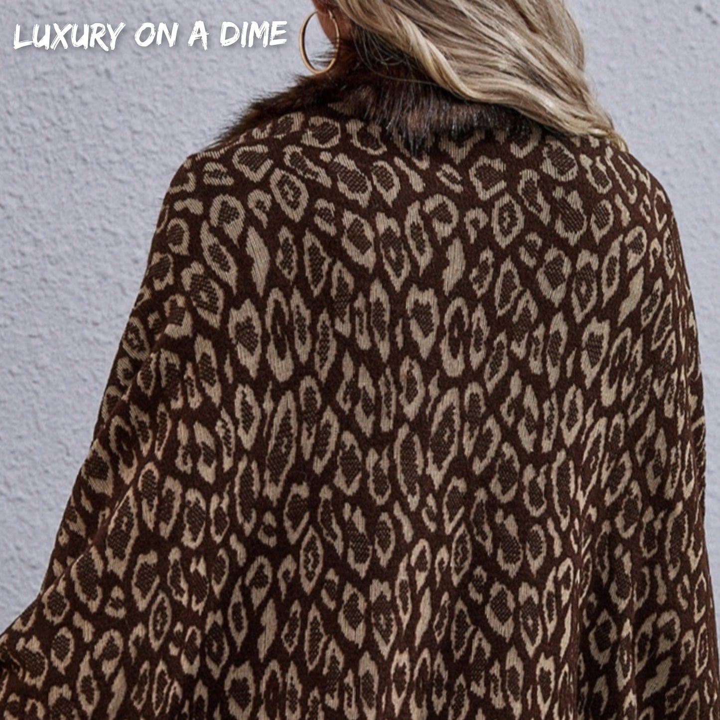 Faux Fur Knit Leopard Print Fringe Bottom Long Sleeve Cardigan Poncho