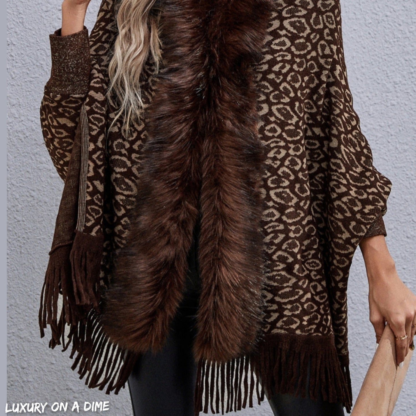 Faux Fur Knit Leopard Print Fringe Bottom Long Sleeve Cardigan Poncho